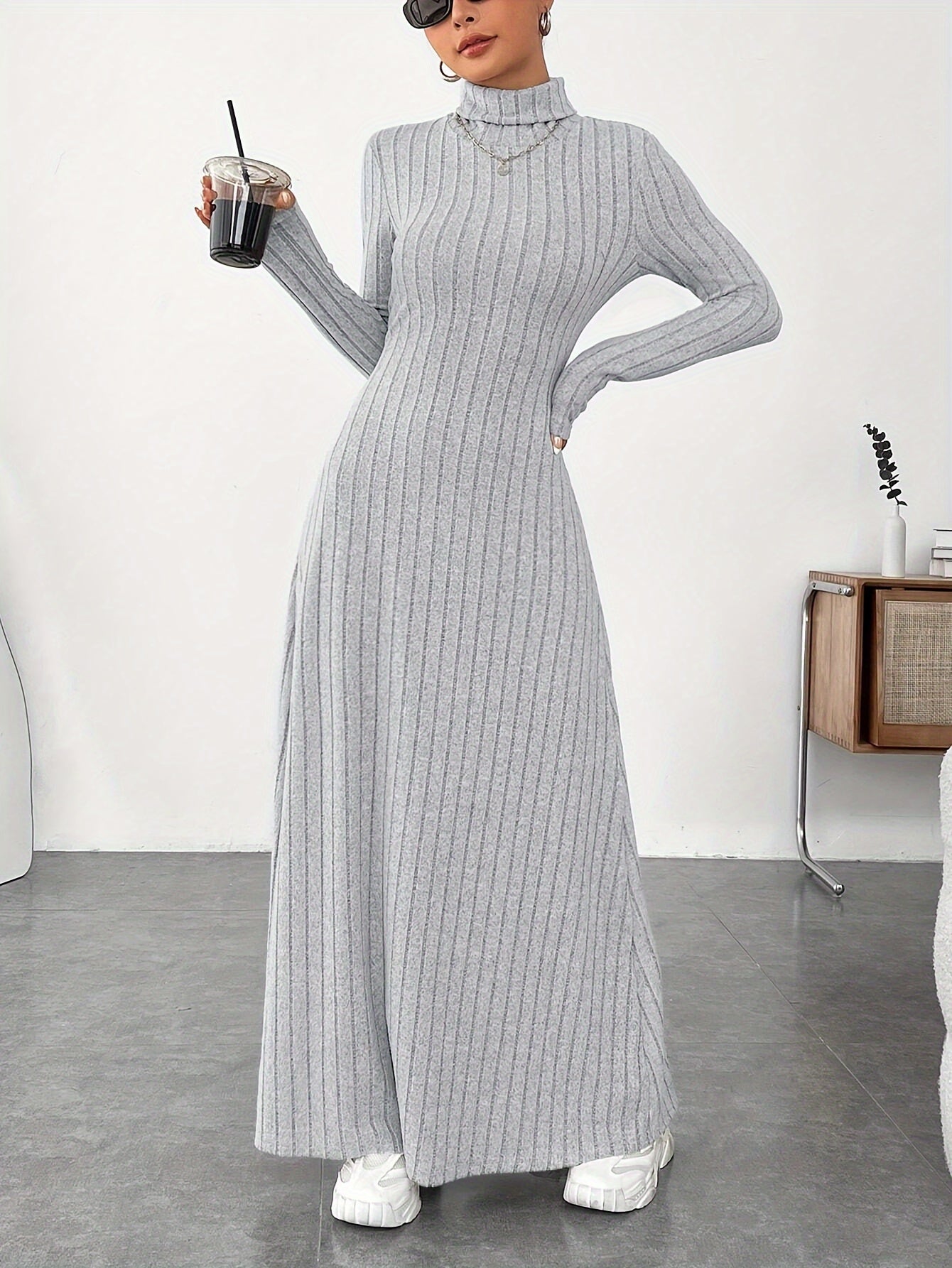 Soft Knit Turtle Neck Maxi Dress - Long Sleeve, Flared & Elegant - Perfect for Spring & Fall - Figure-Sculpting, Versatile Style - Womens Clothing for Trendy Ladies