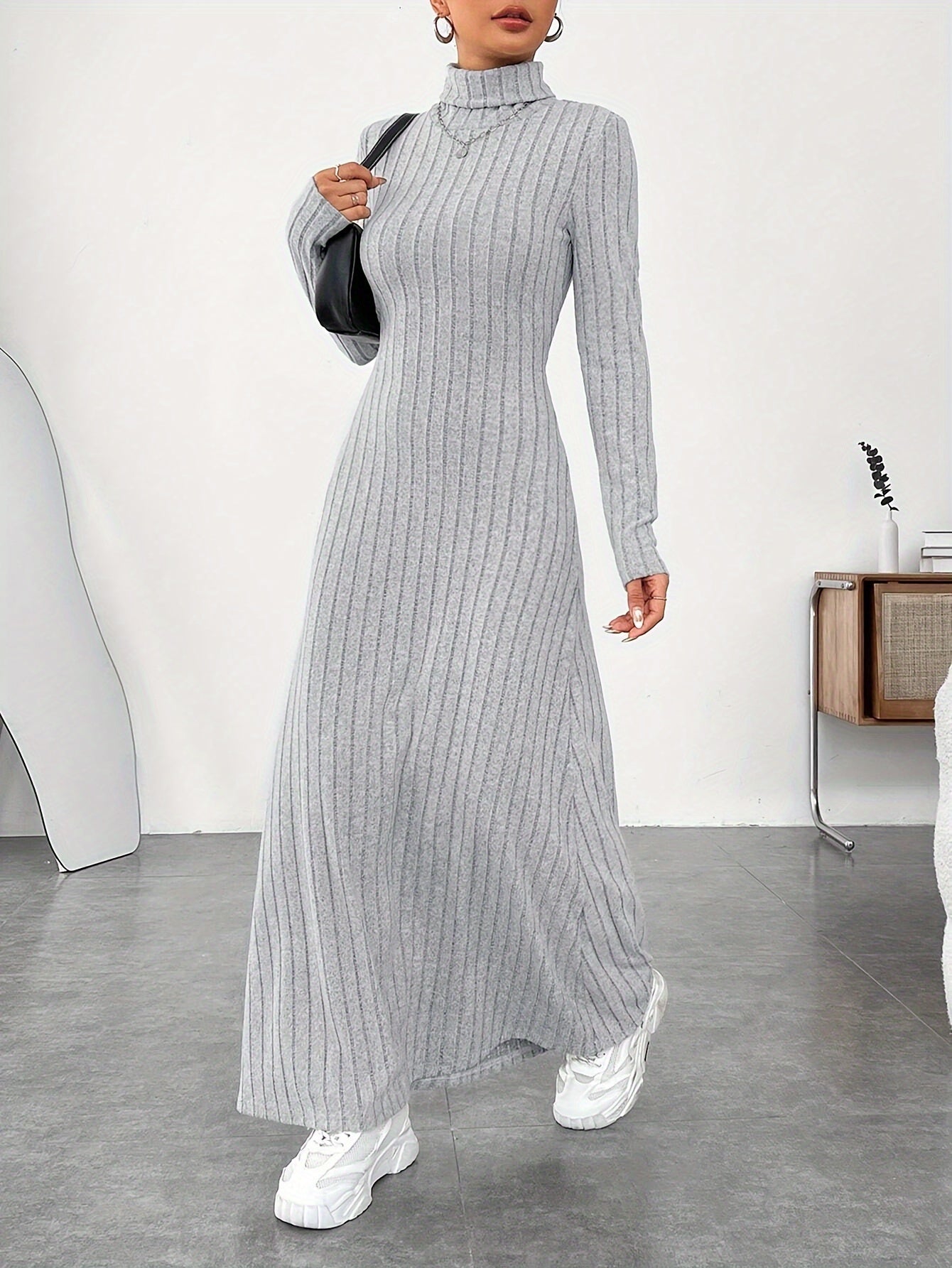 Soft Knit Turtle Neck Maxi Dress - Long Sleeve, Flared & Elegant - Perfect for Spring & Fall - Figure-Sculpting, Versatile Style - Womens Clothing for Trendy Ladies