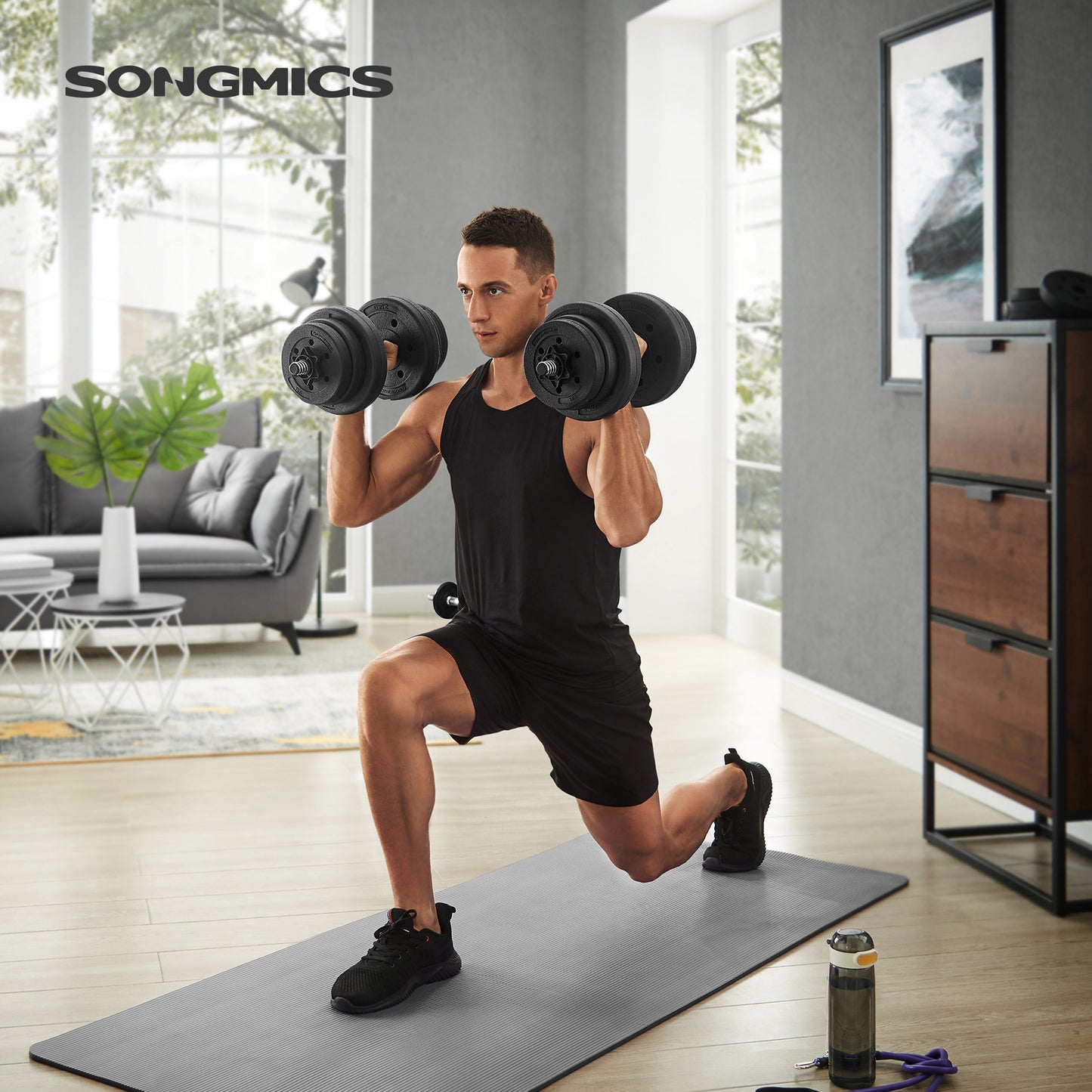 SONGMICS 2-in-1 Dumbbells Set, 2 x 10 kg Adjustable Dumbbells with Extra Barbell Bar, Plastic-Coated Weight Plates, Fitness Exercise, Home Gym