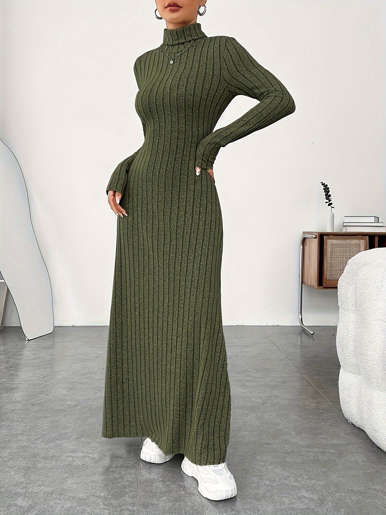 Soft Knit Turtle Neck Maxi Dress - Long Sleeve, Flared & Elegant - Perfect for Spring & Fall - Figure-Sculpting, Versatile Style - Womens Clothing for Trendy Ladies