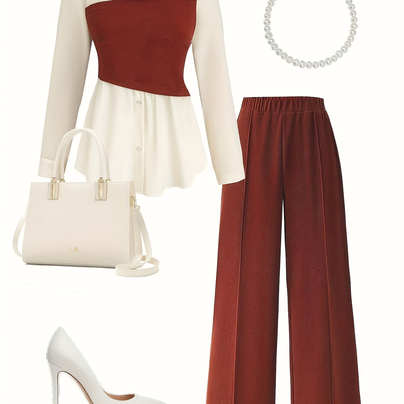 Everyday Elegance| Elegant Women's Two-Piece Set: Color Block Button-Up Shirt & Wide-Leg Pants in Burgundy and White - 100% Polyester, Machine Washable, Perfect for Spring/Fall