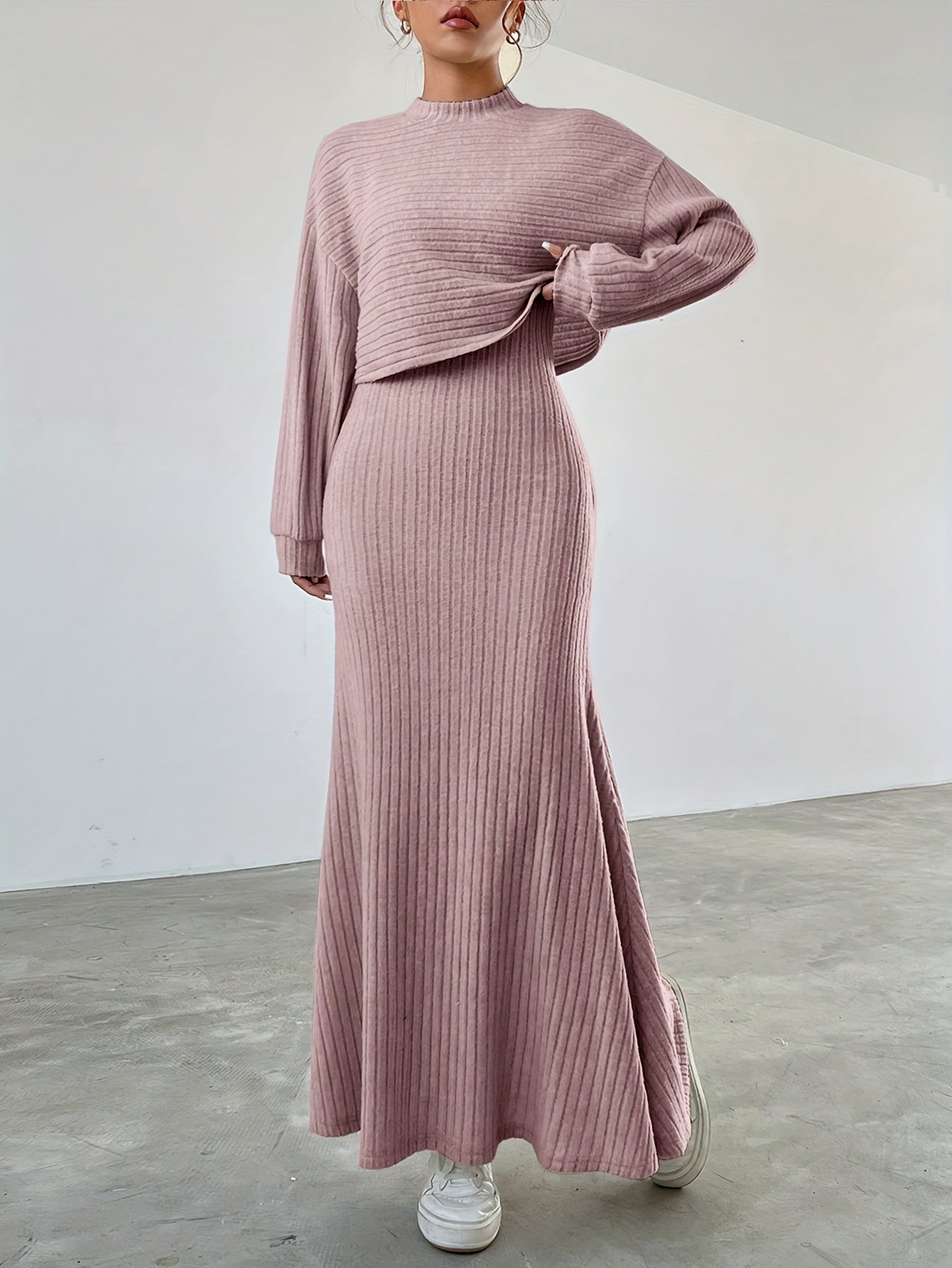 Elegant Solid Color Ribbed Dress Set, Crew Neck Long Sleeve Top & Maxi Tank Dress Outfits, Women's Clothing