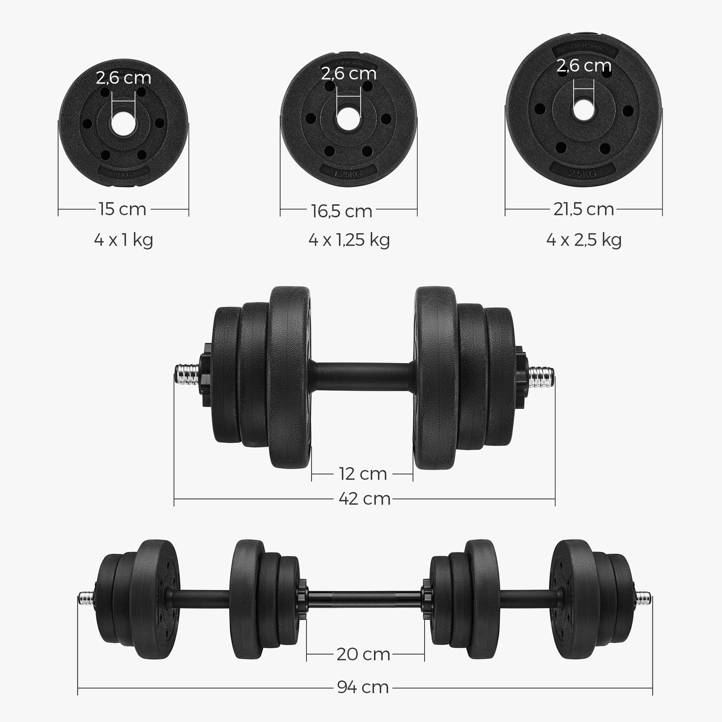 SONGMICS 2-in-1 Dumbbells Set, 2 x 10 kg Adjustable Dumbbells with Extra Barbell Bar, Plastic-Coated Weight Plates, Fitness Exercise, Home Gym