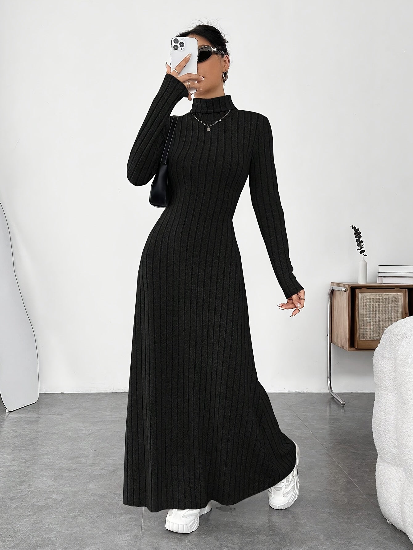 Soft Knit Turtle Neck Maxi Dress - Long Sleeve, Flared & Elegant - Perfect for Spring & Fall - Figure-Sculpting, Versatile Style - Womens Clothing for Trendy Ladies