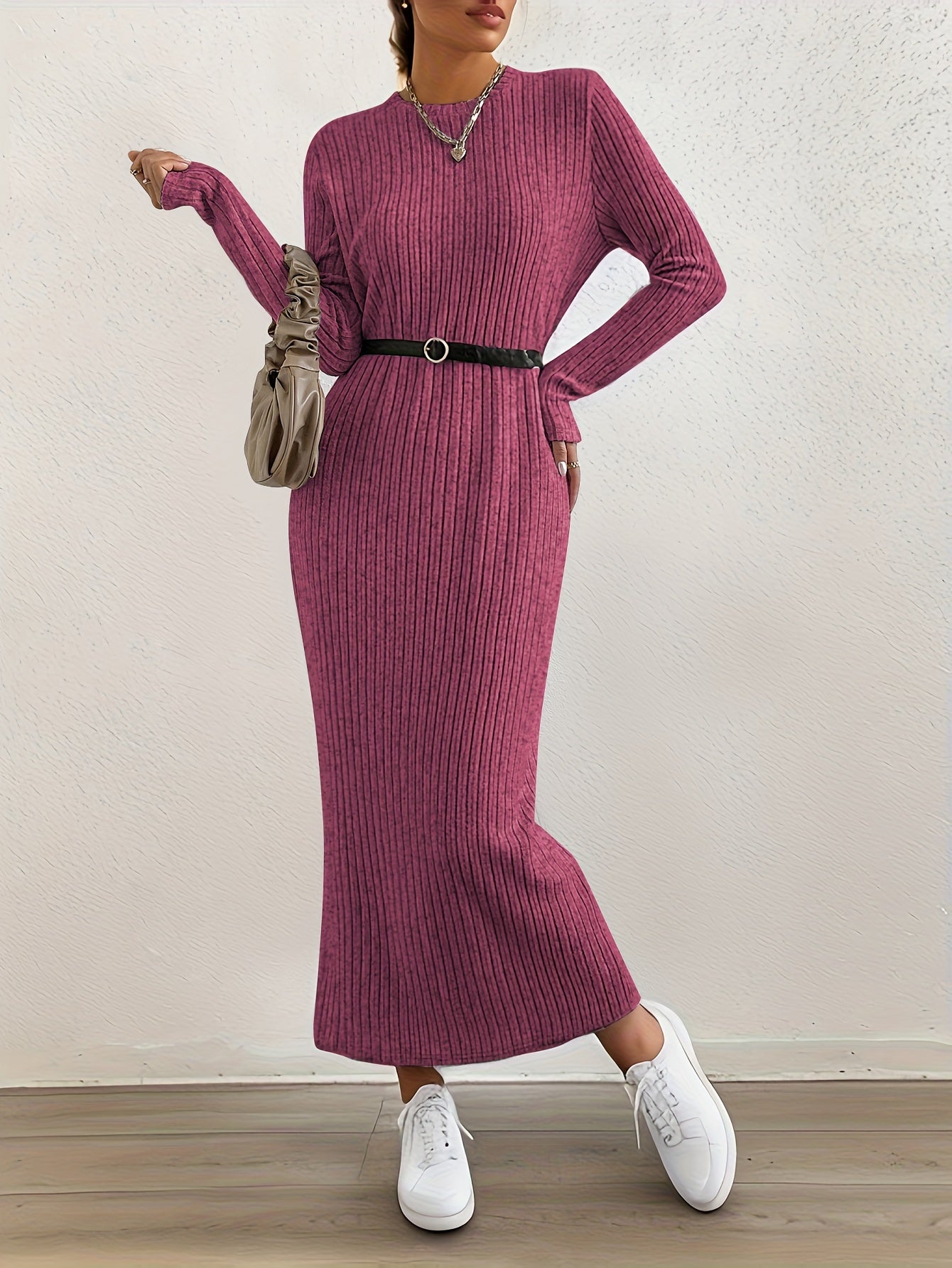 Women's Casual Long Sleeve Knit Dress - Crew Neck, Loose Fit, Solid Color Ribbed Maxi for Home & Out