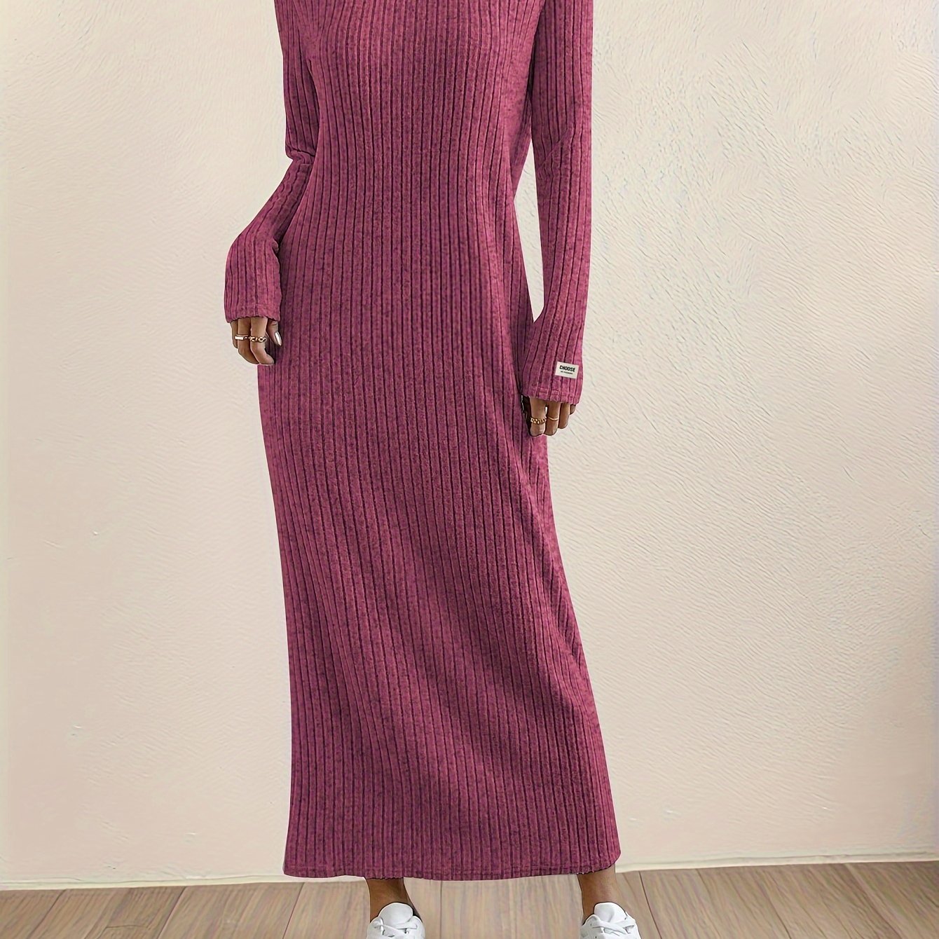 Women's Casual Long Sleeve Knit Dress - Crew Neck, Loose Fit, Solid Color Ribbed Maxi for Home & Out