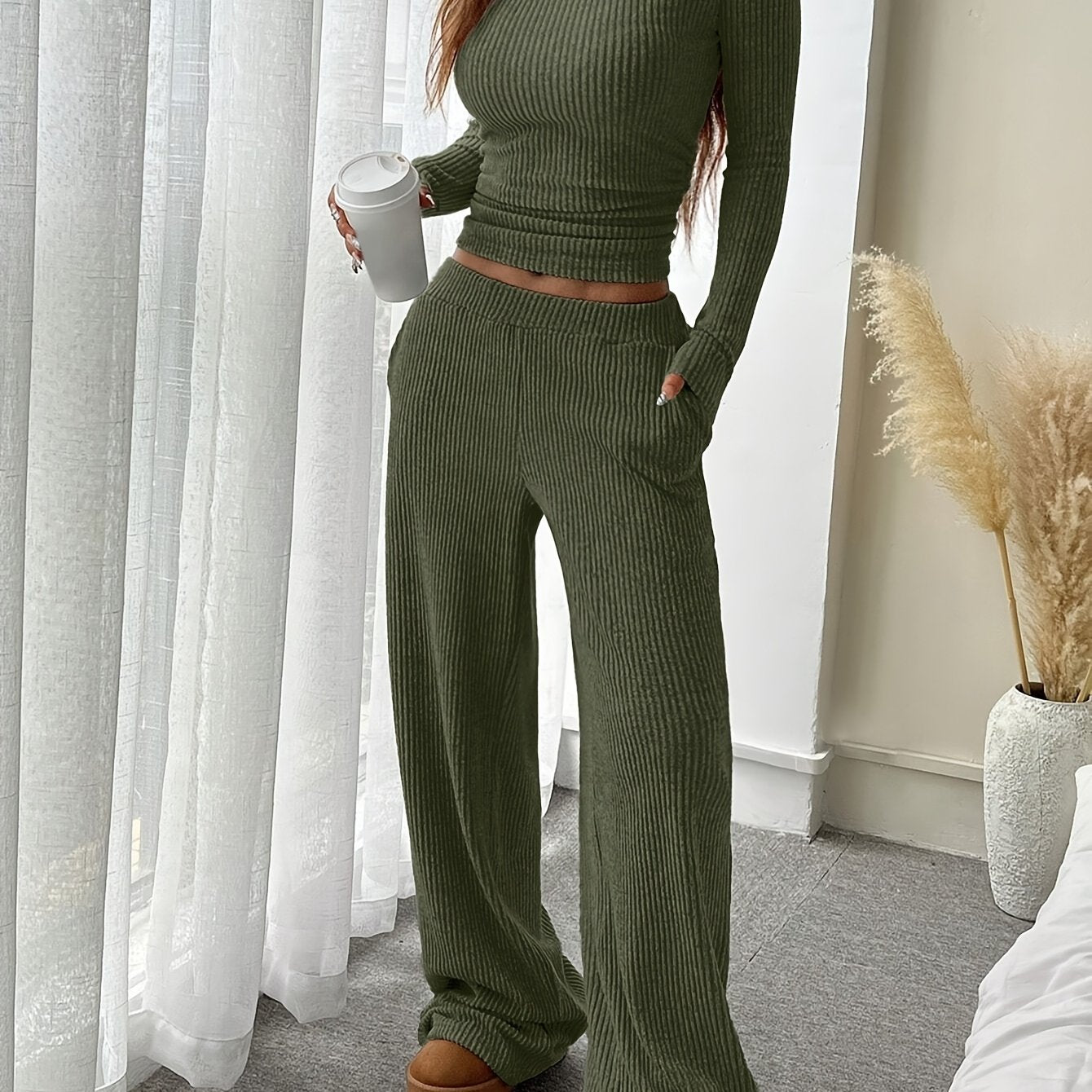 Women's Elegant Solid Color Ribbed Knit Two-Piece Set - Cozy Boat Neck Long Sleeve Crop Top & Wide-Leg Pants with Pockets, Polyester, Machine Washable - Perfect for Fall/Winter