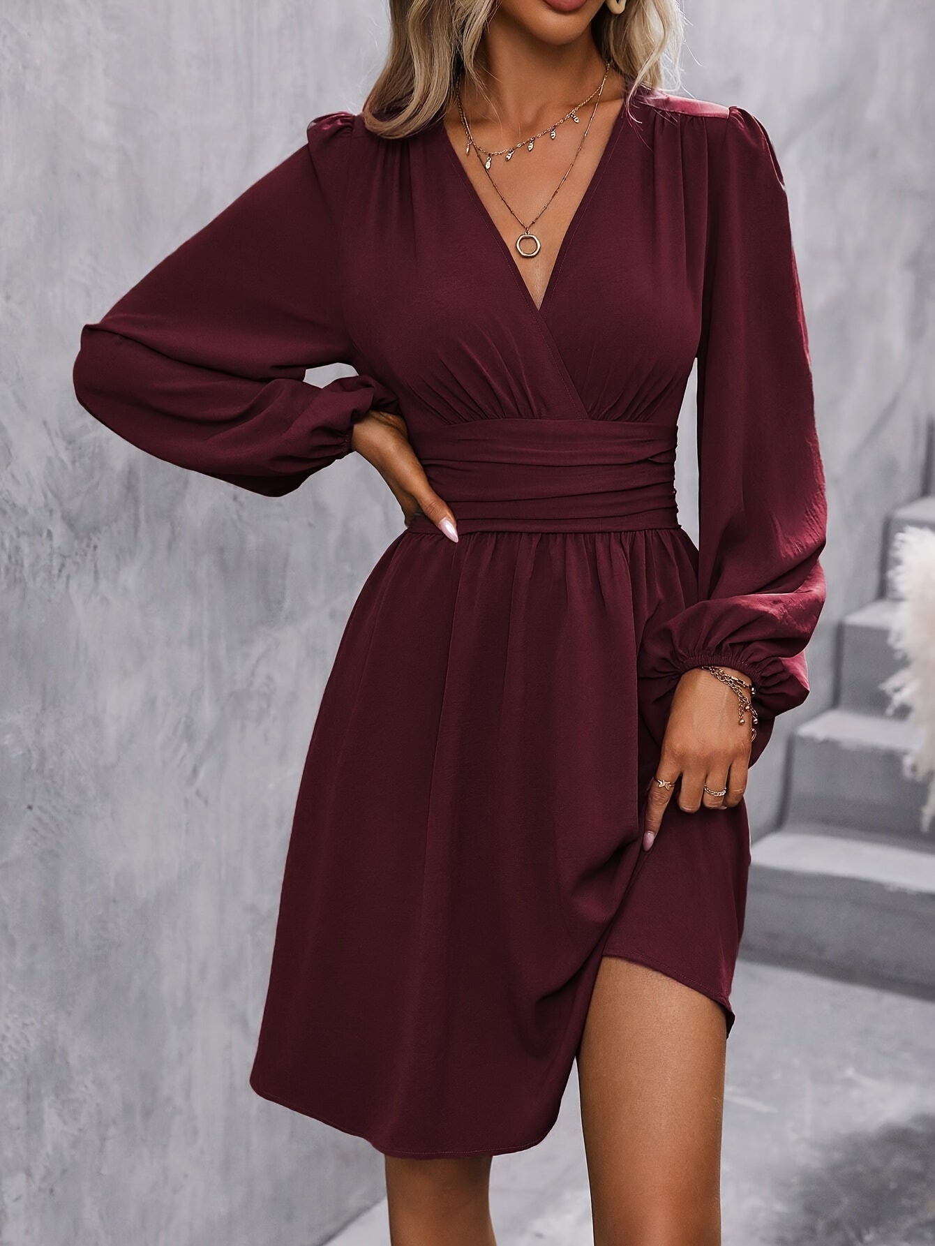 Elegant V-Neck Lantern Sleeve Midi Dress for Women - Solid Color, Knee-Length with Cinched Waist, Machine Washable