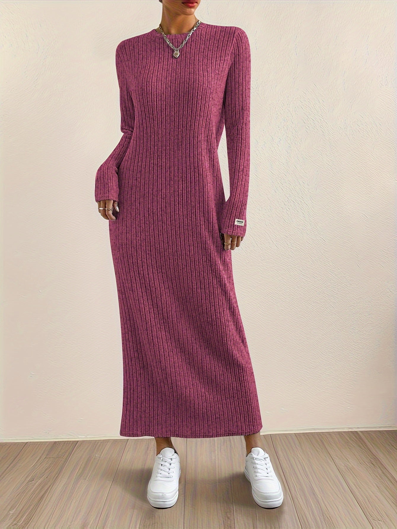 Women's Casual Long Sleeve Knit Dress - Crew Neck, Loose Fit, Solid Color Ribbed Maxi for Home & Out