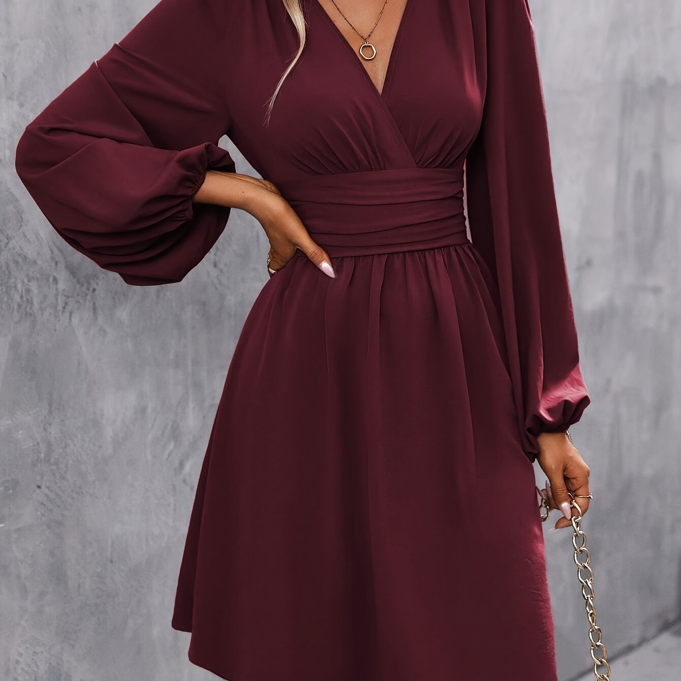 Elegant V-Neck Lantern Sleeve Midi Dress for Women - Solid Color, Knee-Length with Cinched Waist, Machine Washable