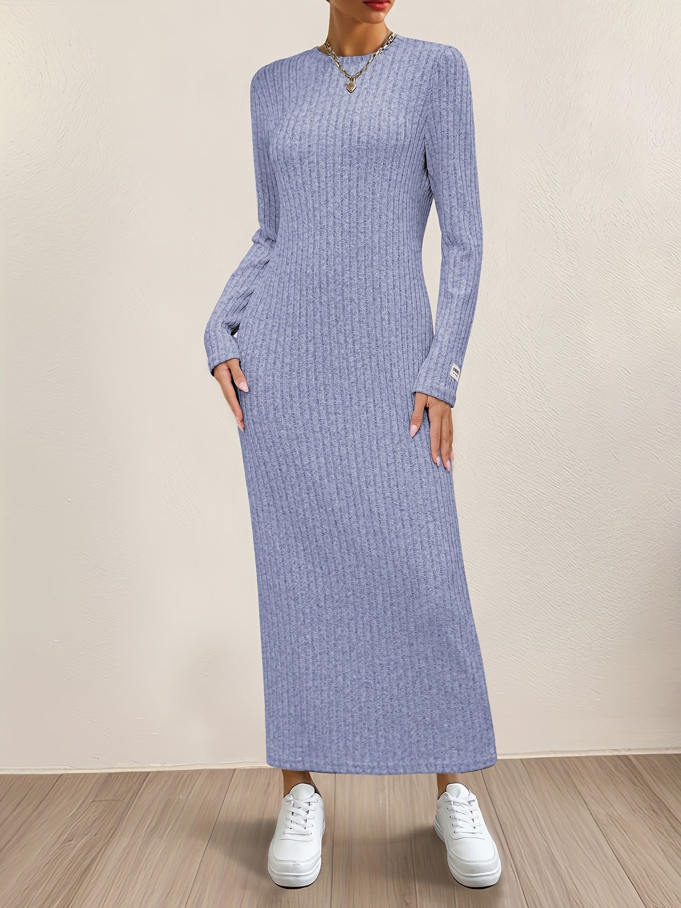 Women's Casual Long Sleeve Knit Dress - Crew Neck, Loose Fit, Solid Color Ribbed Maxi for Home & Out