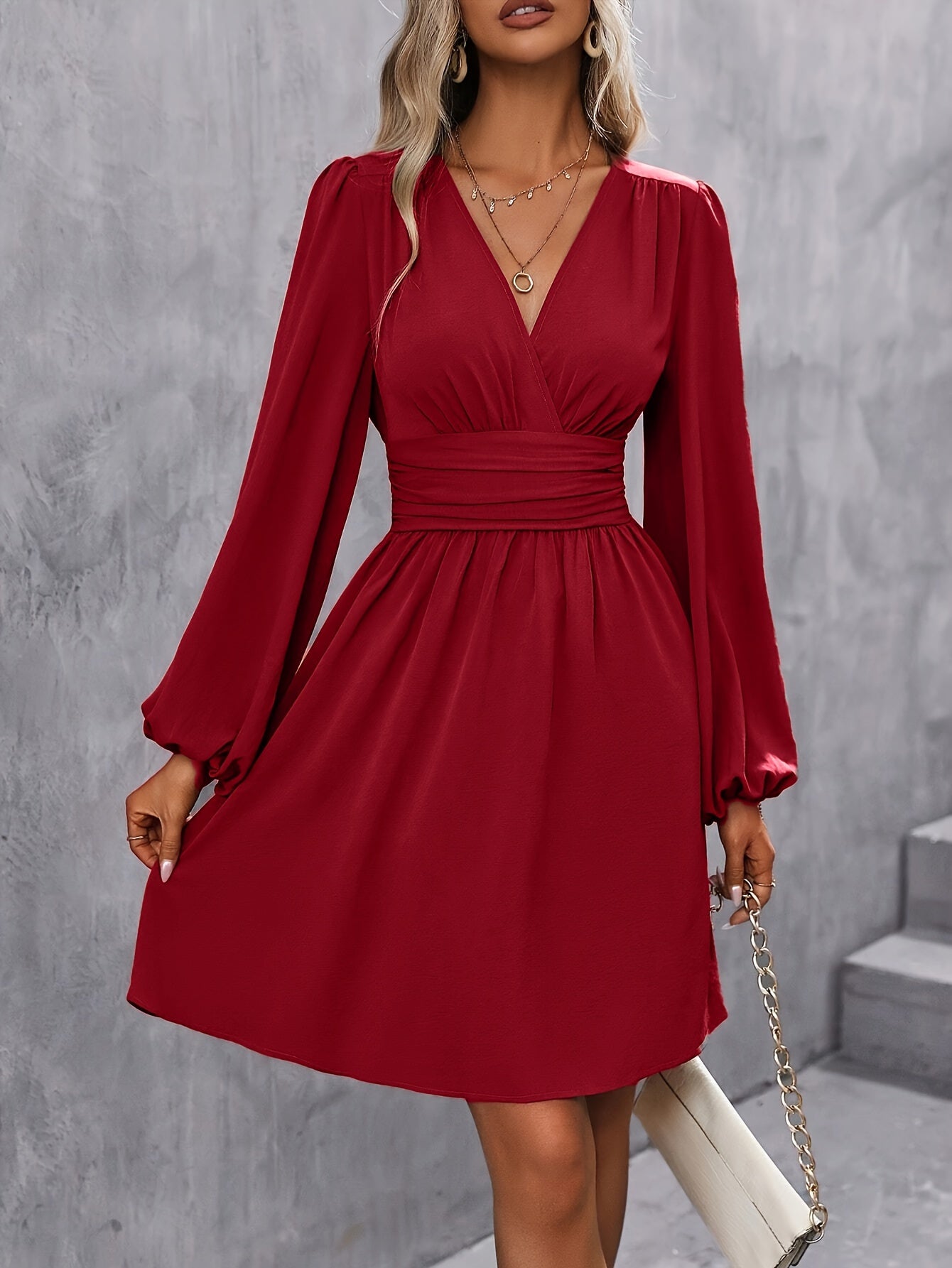 Elegant V-Neck Lantern Sleeve Midi Dress for Women - Solid Color, Knee-Length with Cinched Waist, Machine Washable