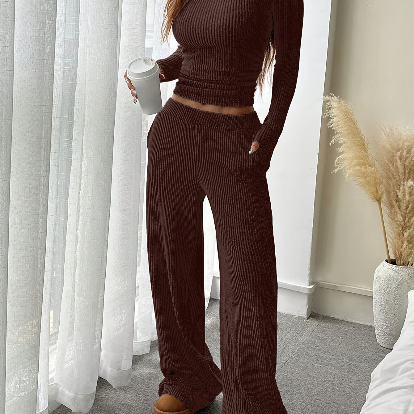 Women's Elegant Solid Color Ribbed Knit Two-Piece Set - Cozy Boat Neck Long Sleeve Crop Top & Wide-Leg Pants with Pockets, Polyester, Machine Washable - Perfect for Fall/Winter