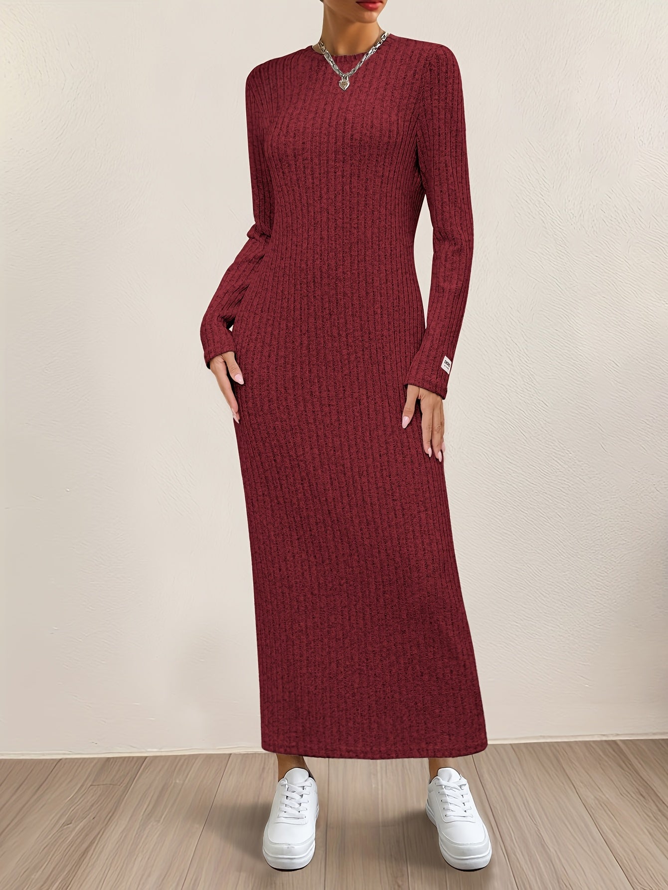 Women's Casual Long Sleeve Knit Dress - Crew Neck, Loose Fit, Solid Color Ribbed Maxi for Home & Out