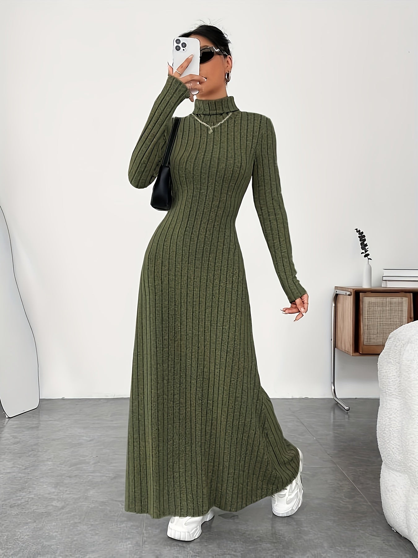 Soft Knit Turtle Neck Maxi Dress - Long Sleeve, Flared & Elegant - Perfect for Spring & Fall - Figure-Sculpting, Versatile Style - Womens Clothing for Trendy Ladies