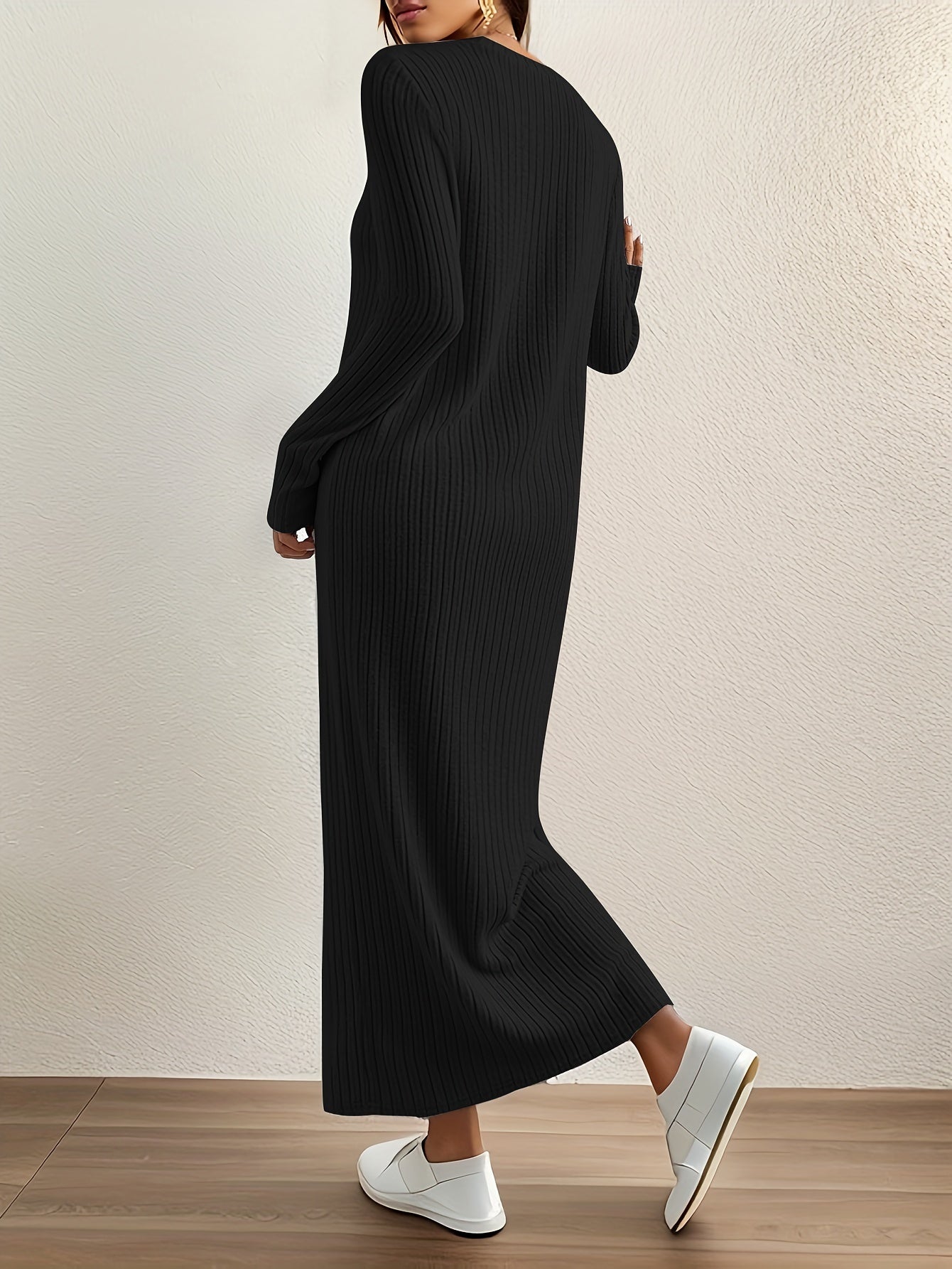 Women's Casual Long Sleeve Knit Dress - Crew Neck, Loose Fit, Solid Color Ribbed Maxi for Home & Out