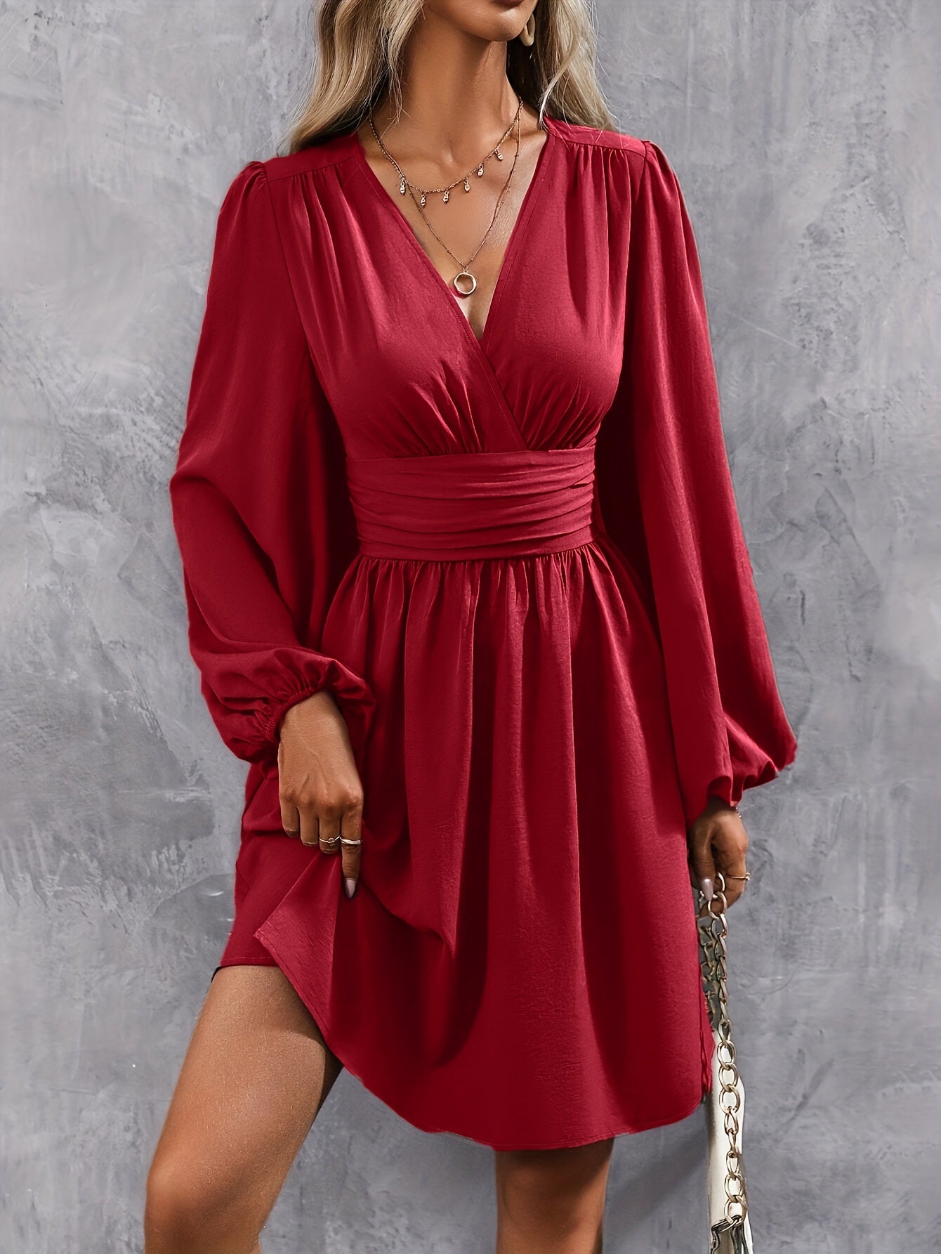 Elegant V-Neck Lantern Sleeve Midi Dress for Women - Solid Color, Knee-Length with Cinched Waist, Machine Washable