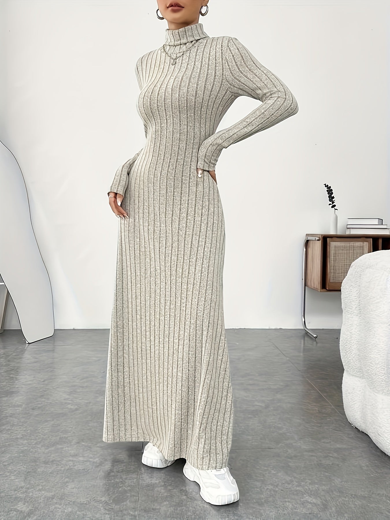 Soft Knit Turtle Neck Maxi Dress - Long Sleeve, Flared & Elegant - Perfect for Spring & Fall - Figure-Sculpting, Versatile Style - Womens Clothing for Trendy Ladies