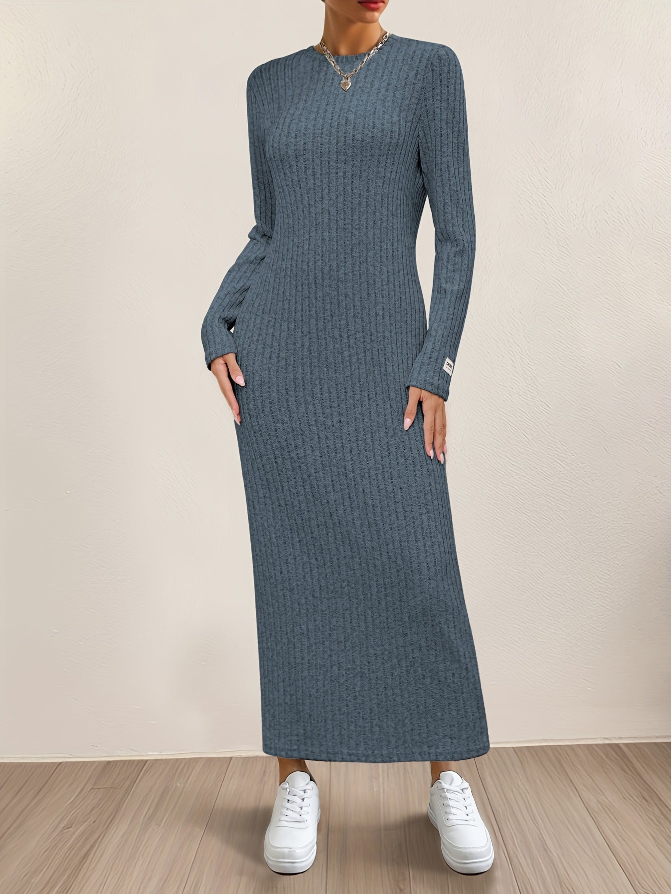 Women's Casual Long Sleeve Knit Dress - Crew Neck, Loose Fit, Solid Color Ribbed Maxi for Home & Out