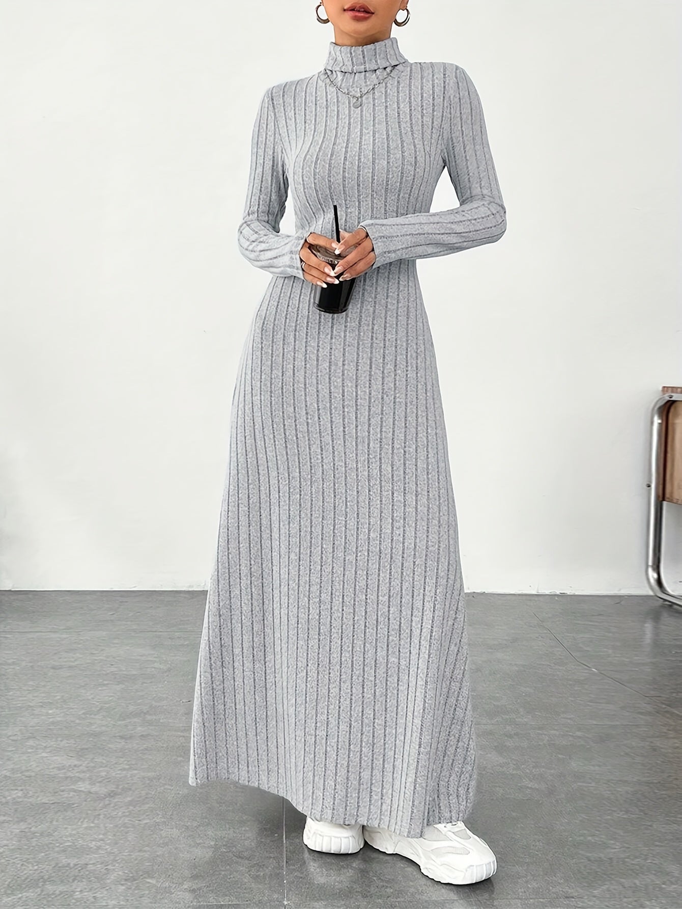 Soft Knit Turtle Neck Maxi Dress - Long Sleeve, Flared & Elegant - Perfect for Spring & Fall - Figure-Sculpting, Versatile Style - Womens Clothing for Trendy Ladies