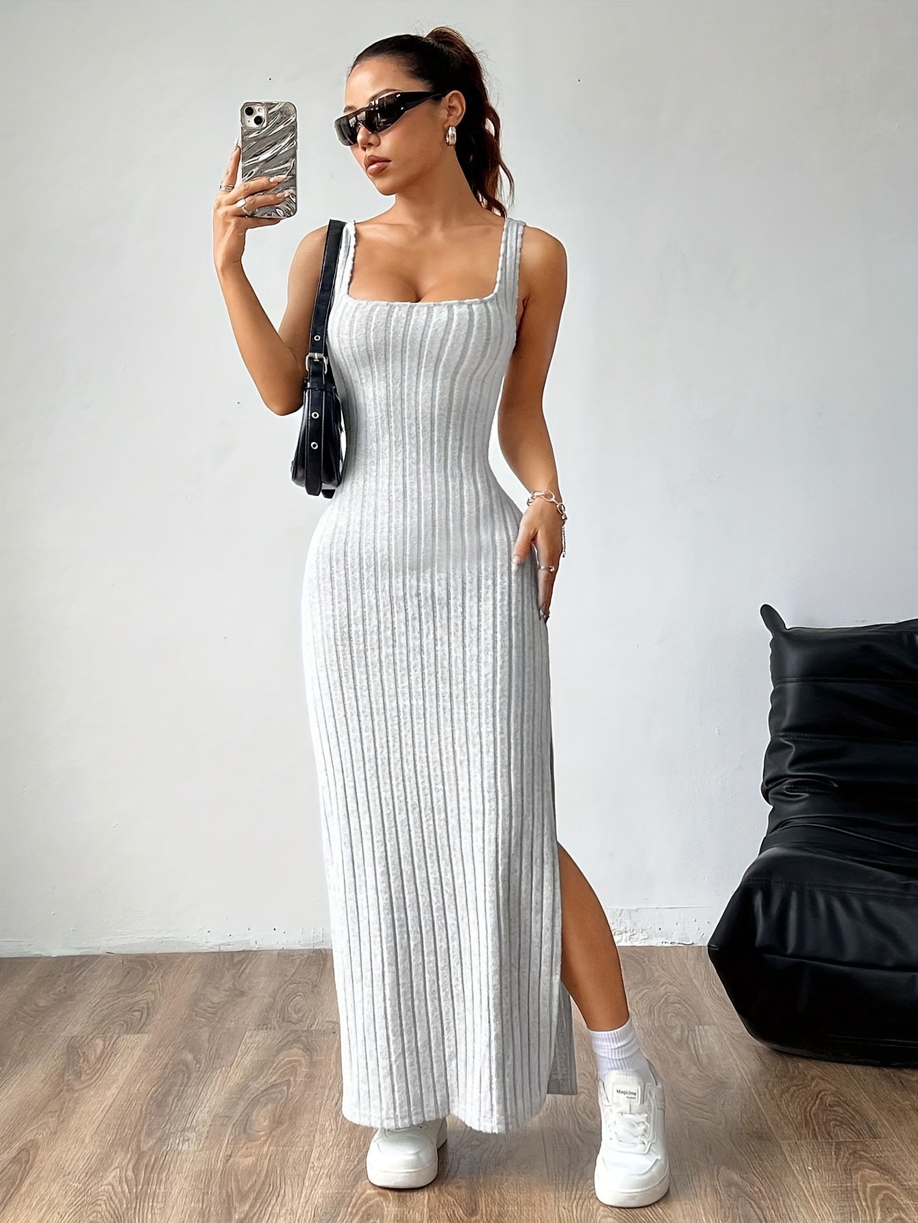 Elegant, Comfortable Knit Dress for Women - Solid Color, Square Neck, Backless, Flared Fit, All-Season Adult Dress with Knit Fabric Weave