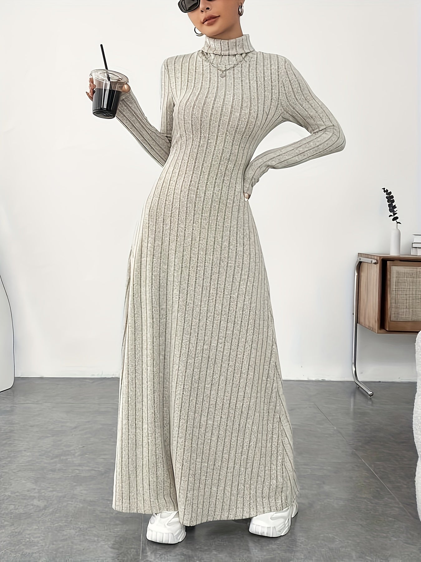 Soft Knit Turtle Neck Maxi Dress - Long Sleeve, Flared & Elegant - Perfect for Spring & Fall - Figure-Sculpting, Versatile Style - Womens Clothing for Trendy Ladies