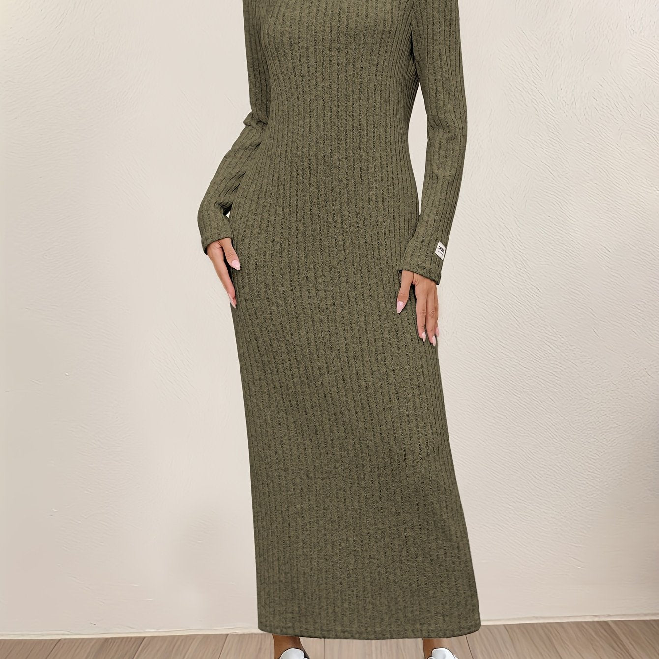 Women's Casual Long Sleeve Knit Dress - Crew Neck, Loose Fit, Solid Color Ribbed Maxi for Home & Out