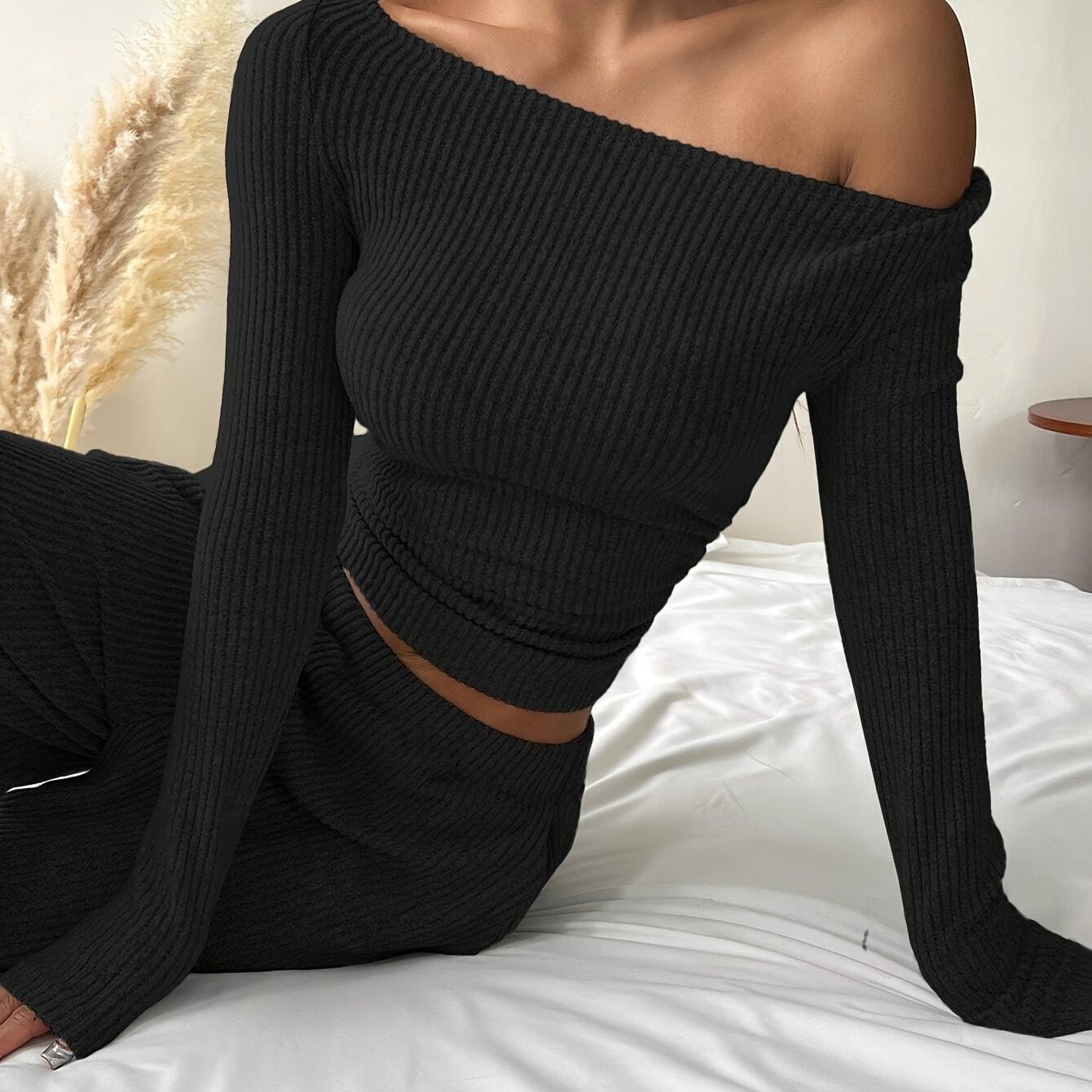 Women's Elegant Solid Color Ribbed Knit Two-Piece Set - Cozy Boat Neck Long Sleeve Crop Top & Wide-Leg Pants with Pockets, Polyester, Machine Washable - Perfect for Fall/Winter