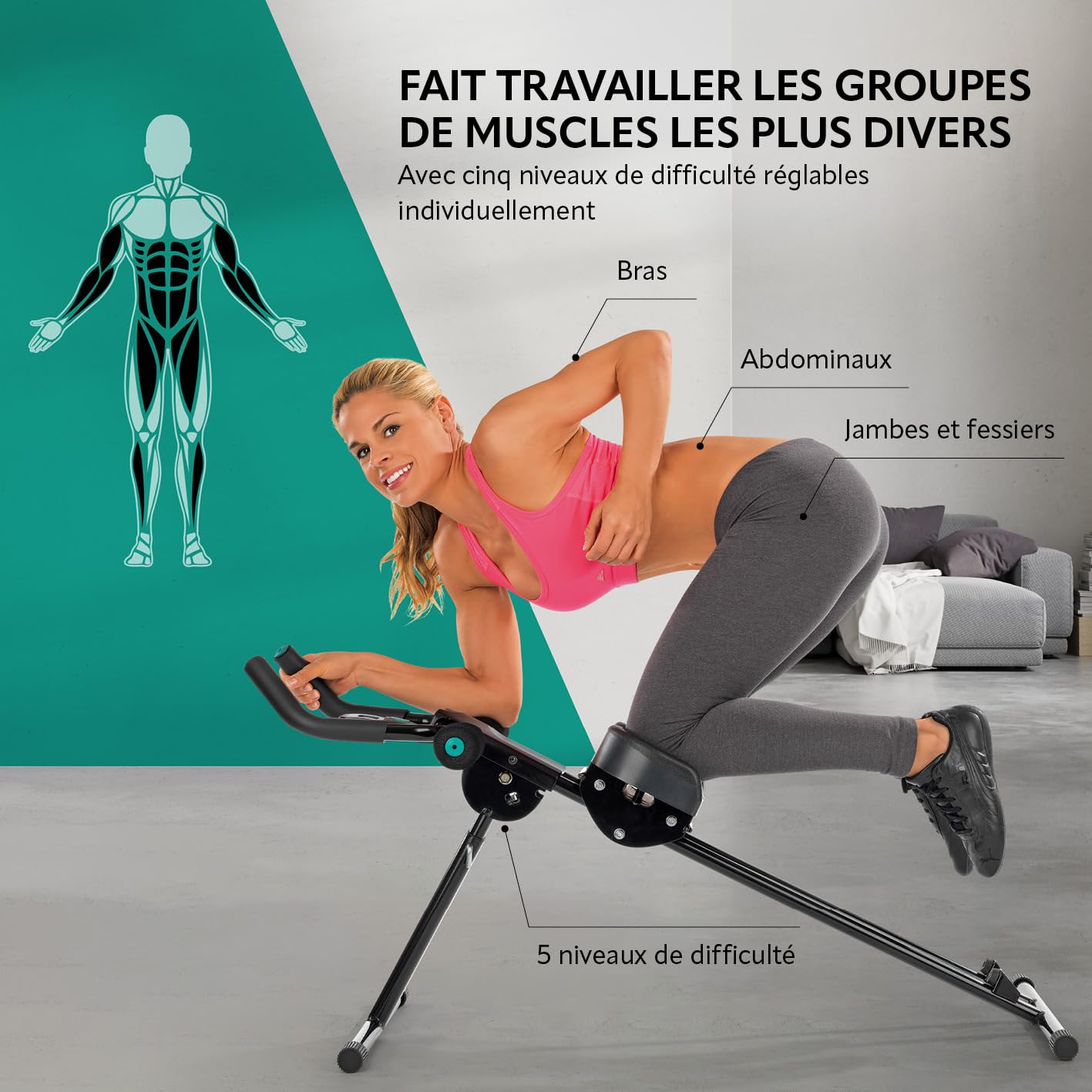 VITALmaxx Fitmaxx5 ou Abmaxx6 appareil abdominal pliable avec ordinateur d'entraînement | Appareil de fitness pour débutants et avancés, entraîne presque tout le corps | 5 niveaux de difficulté