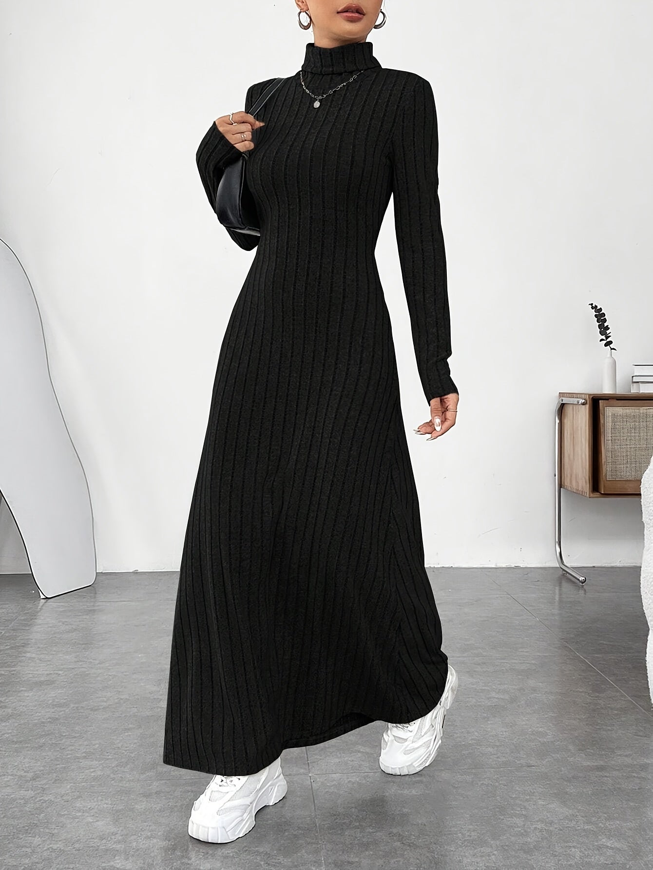 Soft Knit Turtle Neck Maxi Dress - Long Sleeve, Flared & Elegant - Perfect for Spring & Fall - Figure-Sculpting, Versatile Style - Womens Clothing for Trendy Ladies