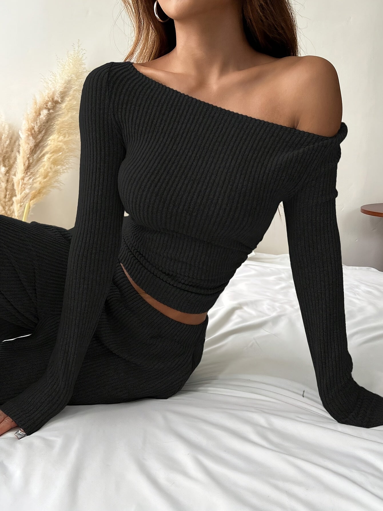 Women's Elegant Solid Color Ribbed Knit Two-Piece Set - Cozy Boat Neck Long Sleeve Crop Top & Wide-Leg Pants with Pockets, Polyester, Machine Washable - Perfect for Fall/Winter