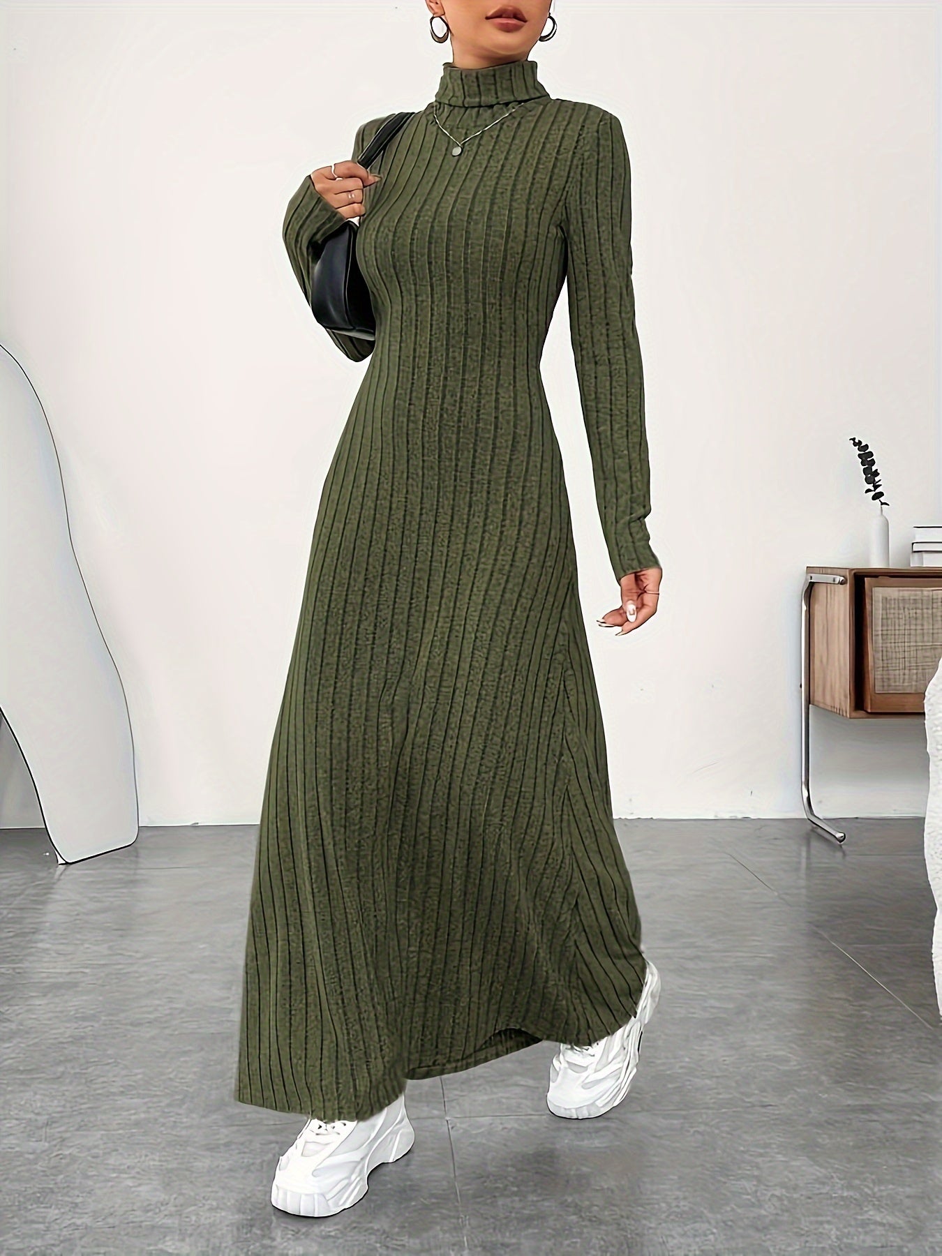 Soft Knit Turtle Neck Maxi Dress - Long Sleeve, Flared & Elegant - Perfect for Spring & Fall - Figure-Sculpting, Versatile Style - Womens Clothing for Trendy Ladies