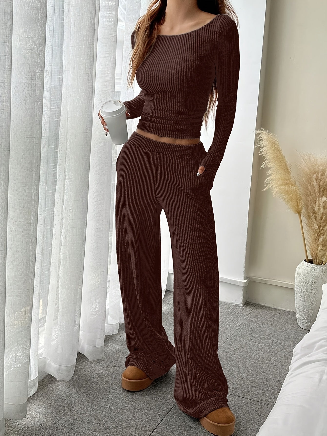 Women's Elegant Solid Color Ribbed Knit Two-Piece Set - Cozy Boat Neck Long Sleeve Crop Top & Wide-Leg Pants with Pockets, Polyester, Machine Washable - Perfect for Fall/Winter