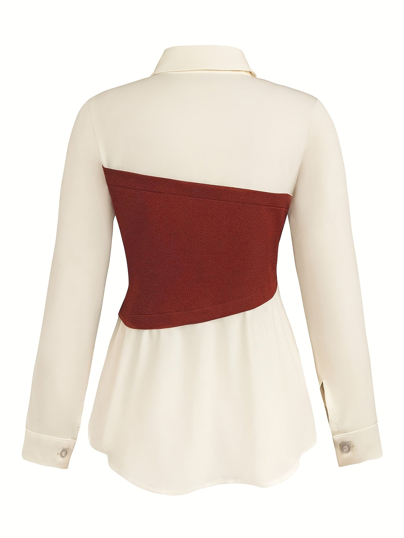 Everyday Elegance| Elegant Women's Two-Piece Set: Color Block Button-Up Shirt & Wide-Leg Pants in Burgundy and White - 100% Polyester, Machine Washable, Perfect for Spring/Fall