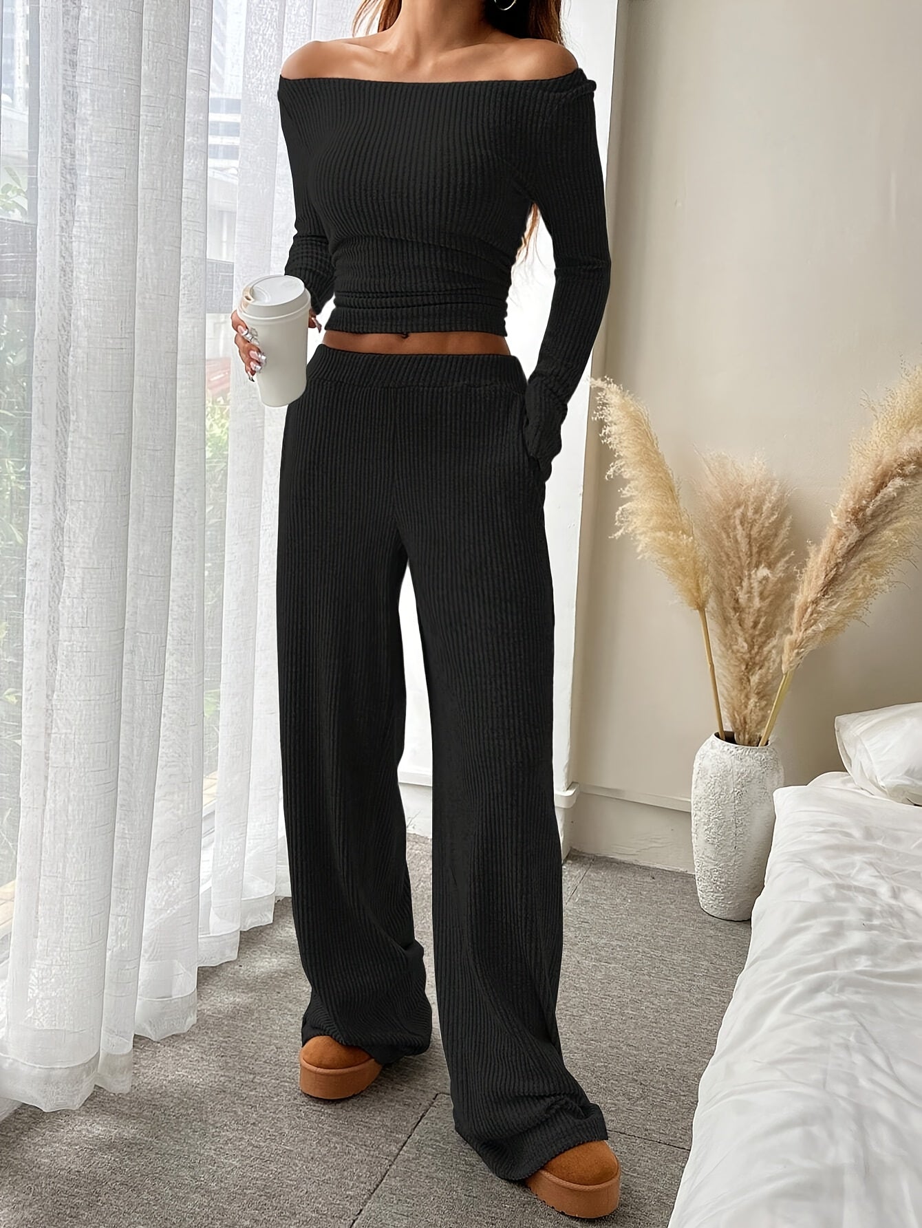 Women's Elegant Solid Color Ribbed Knit Two-Piece Set - Cozy Boat Neck Long Sleeve Crop Top & Wide-Leg Pants with Pockets, Polyester, Machine Washable - Perfect for Fall/Winter