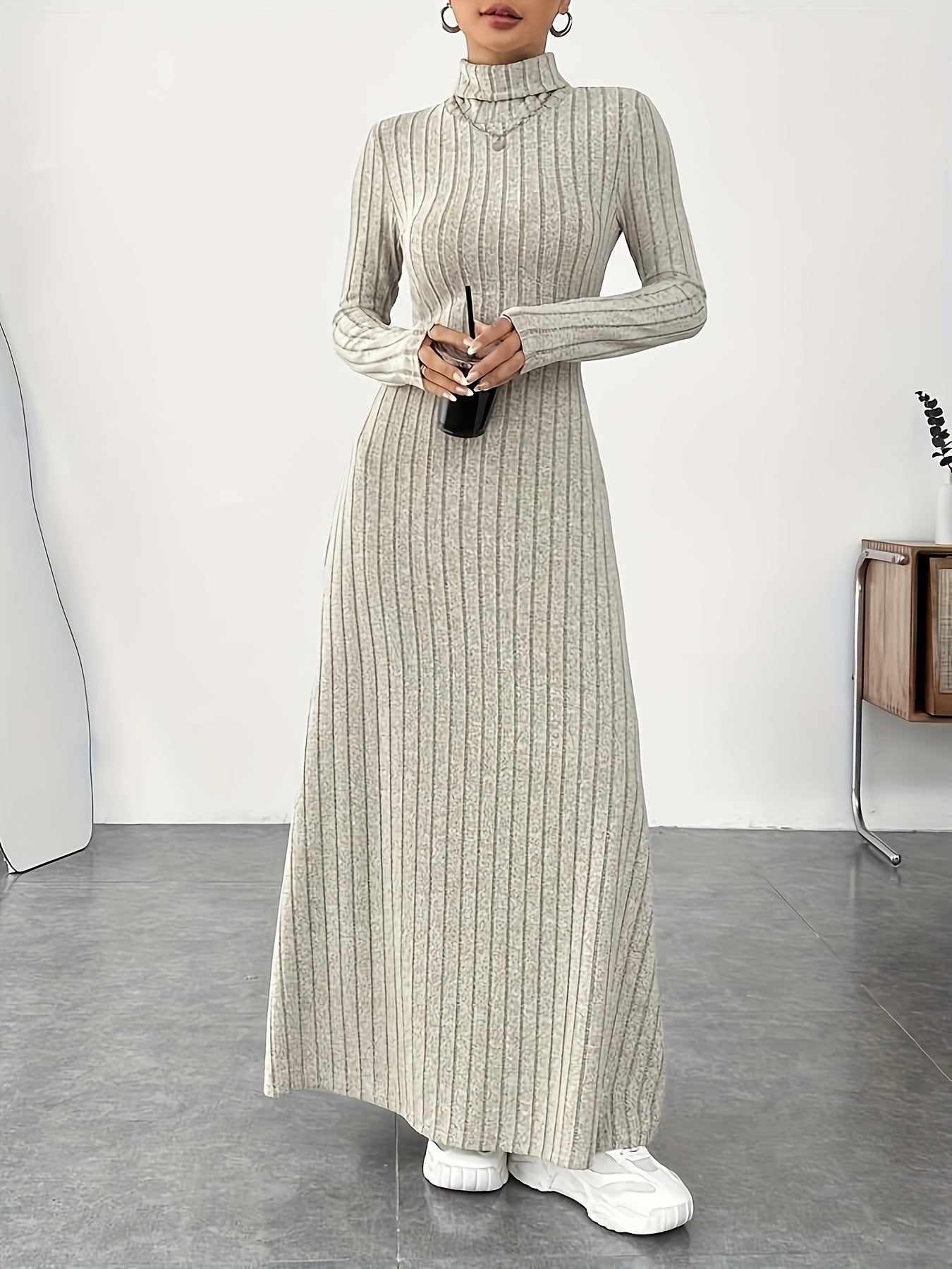 Soft Knit Turtle Neck Maxi Dress - Long Sleeve, Flared & Elegant - Perfect for Spring & Fall - Figure-Sculpting, Versatile Style - Womens Clothing for Trendy Ladies