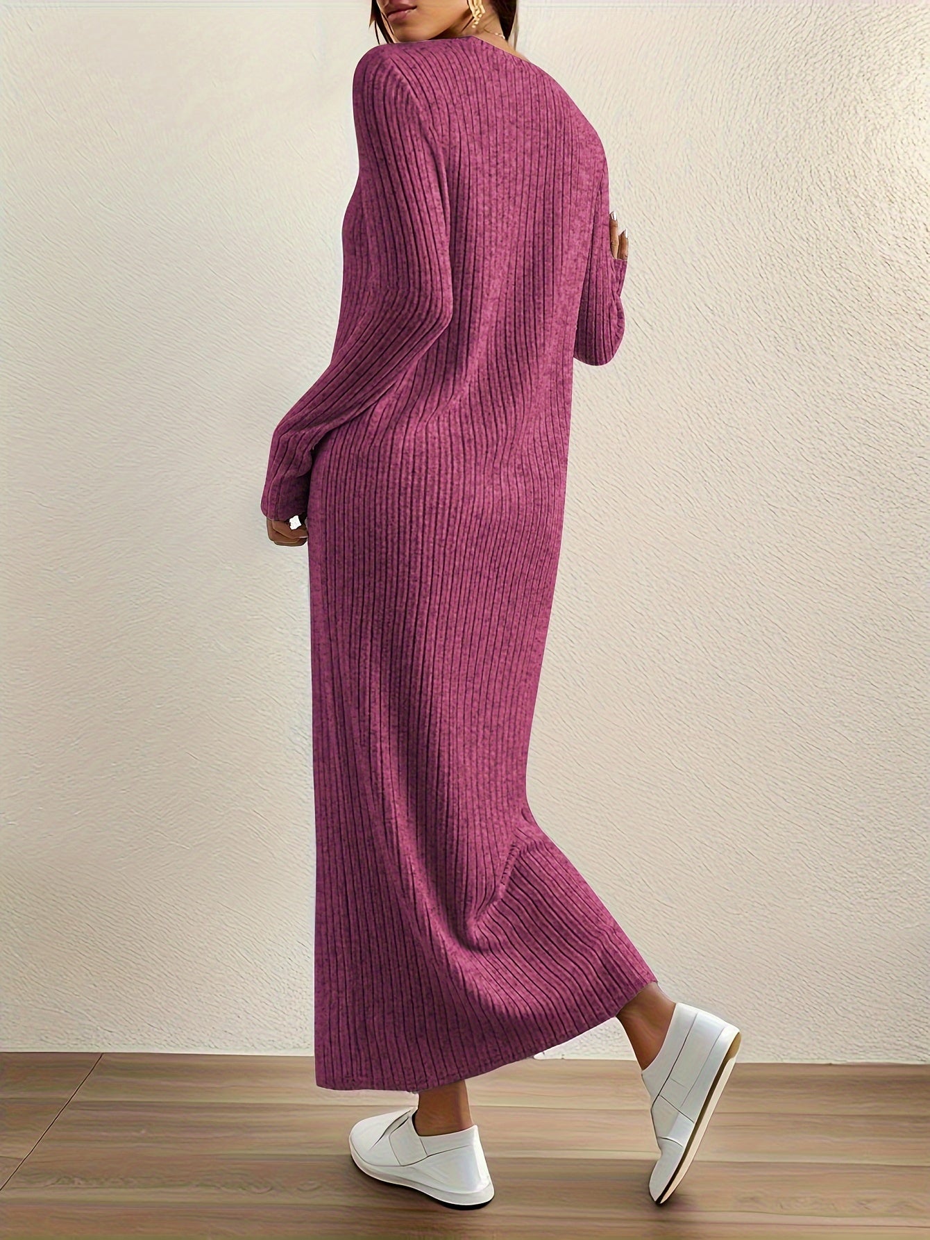 Women's Casual Long Sleeve Knit Dress - Crew Neck, Loose Fit, Solid Color Ribbed Maxi for Home & Out