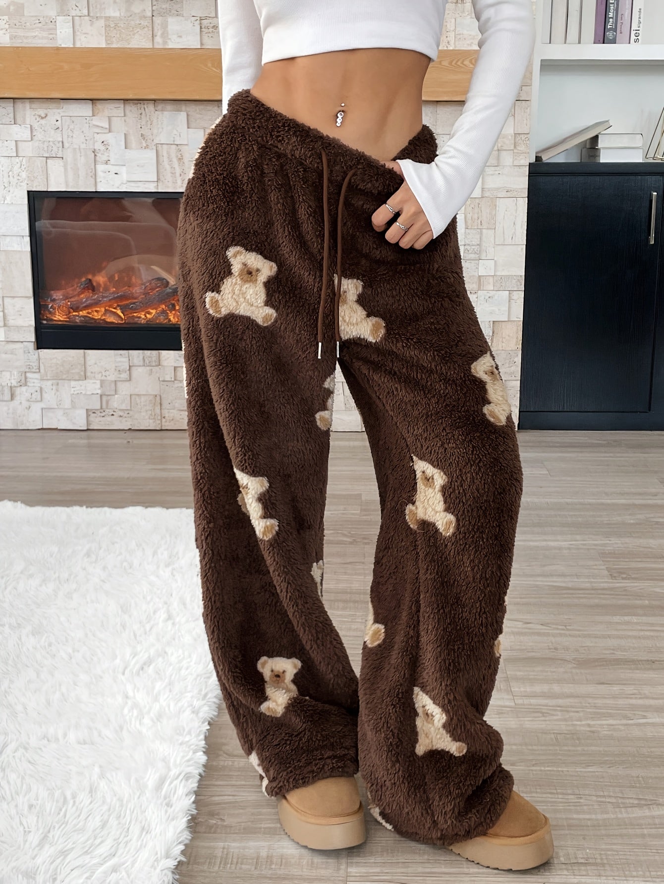 Casual Wear Cozy Animal Print Wide Leg Pants - Soft Polyester Knit, Drawstring Waist, Bear Pattern Loungewear for Fall/Winter - Perfect for Relaxation and Leisure Activities