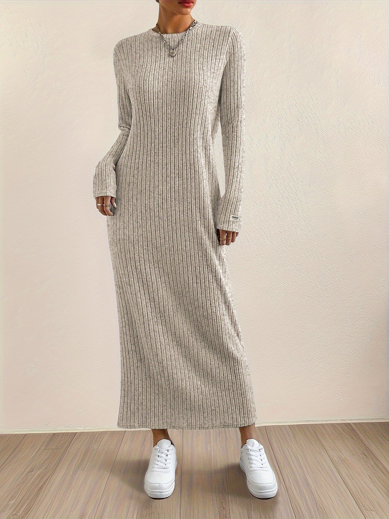 Women's Casual Long Sleeve Knit Dress - Crew Neck, Loose Fit, Solid Color Ribbed Maxi for Home & Out