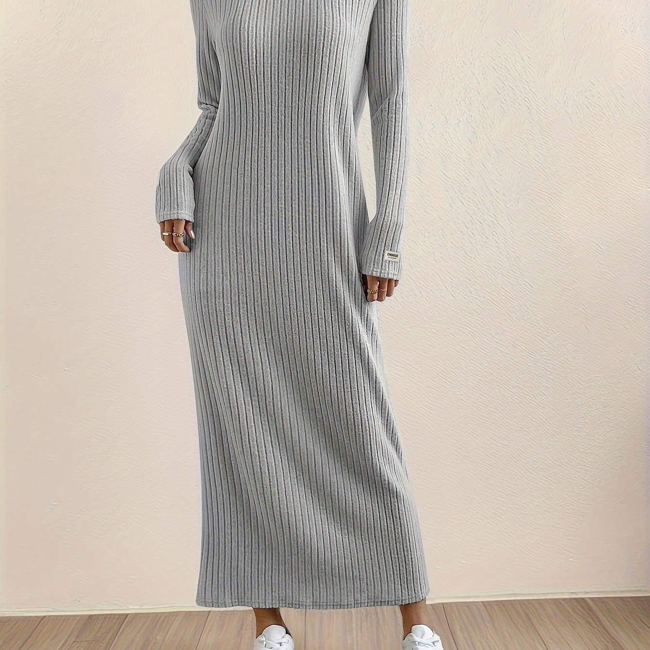 Women's Casual Long Sleeve Knit Dress - Crew Neck, Loose Fit, Solid Color Ribbed Maxi for Home & Out