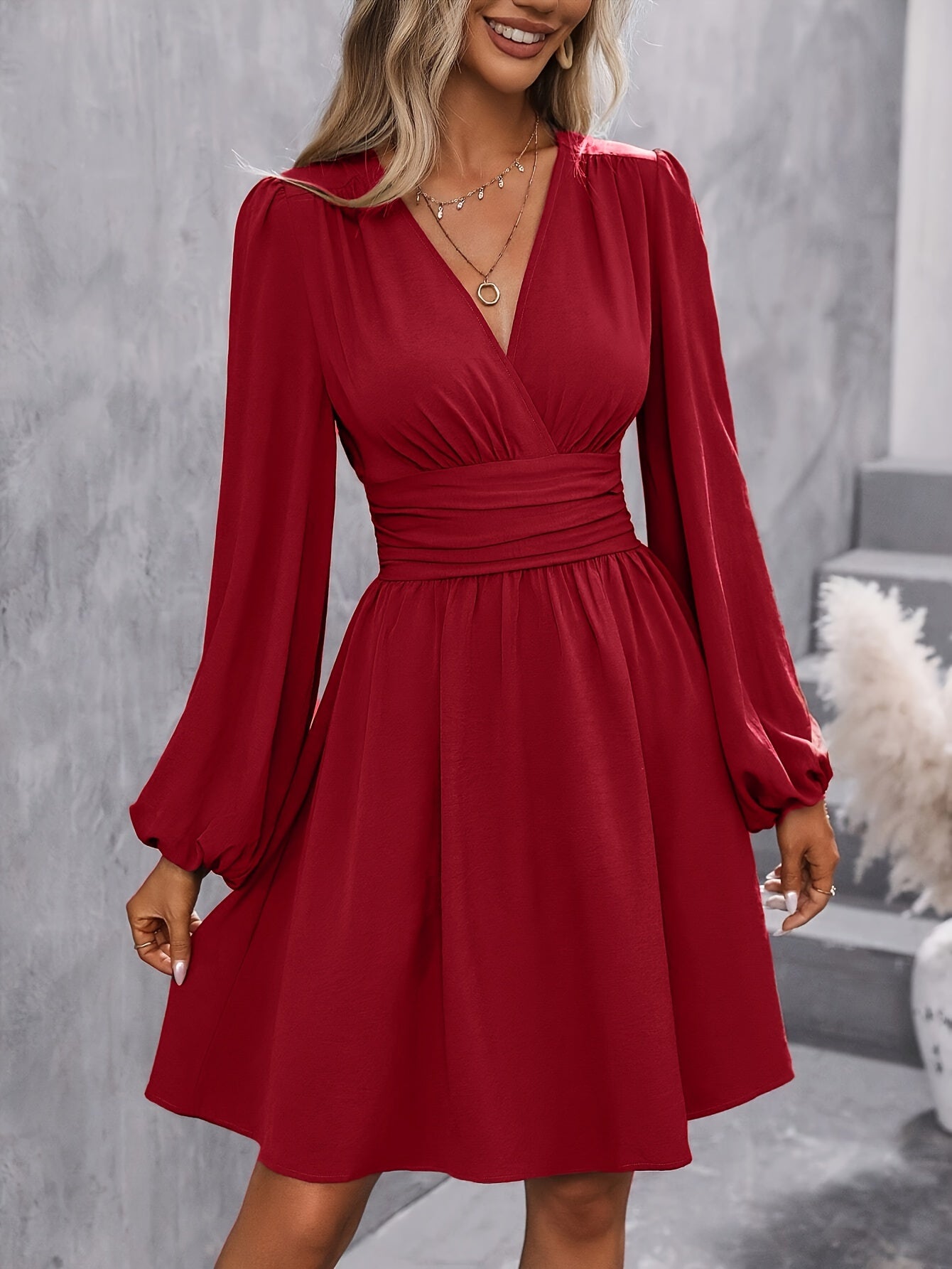 Elegant V-Neck Lantern Sleeve Midi Dress for Women - Solid Color, Knee-Length with Cinched Waist, Machine Washable