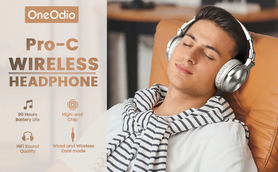 Oneodio Pro C Wireless Headphones 110H PlayTime, Bluetooth 5.2, Foldable Comfortable Fit, Deep Bass Stereo Earphones with Mic