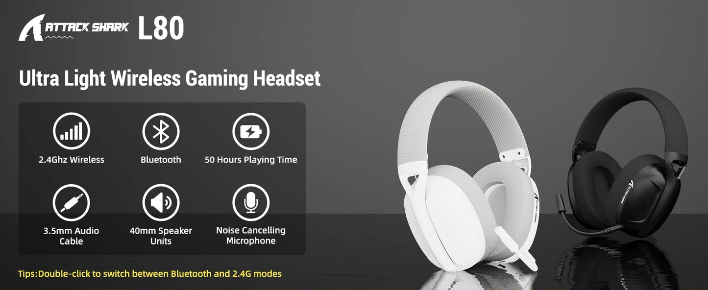 Attack Shark L80 Tri-mode Gaming Headset, Lightweight 180g, 5.1 Channel Hi-Fi Stereo Surround Sound,Pluggable Microphone