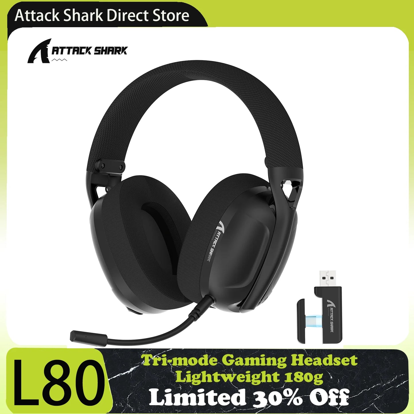 Attack Shark L80 Tri-mode Gaming Headset, Lightweight 180g, 5.1 Channel Hi-Fi Stereo Surround Sound,Pluggable Microphone