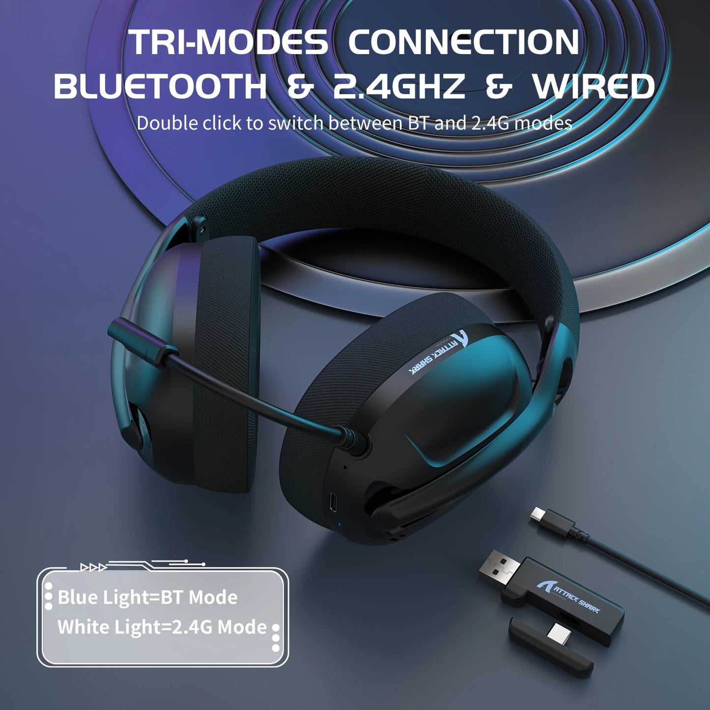 Attack Shark L80 Tri-mode Gaming Headset, Lightweight 180g, 5.1 Channel Hi-Fi Stereo Surround Sound,Pluggable Microphone