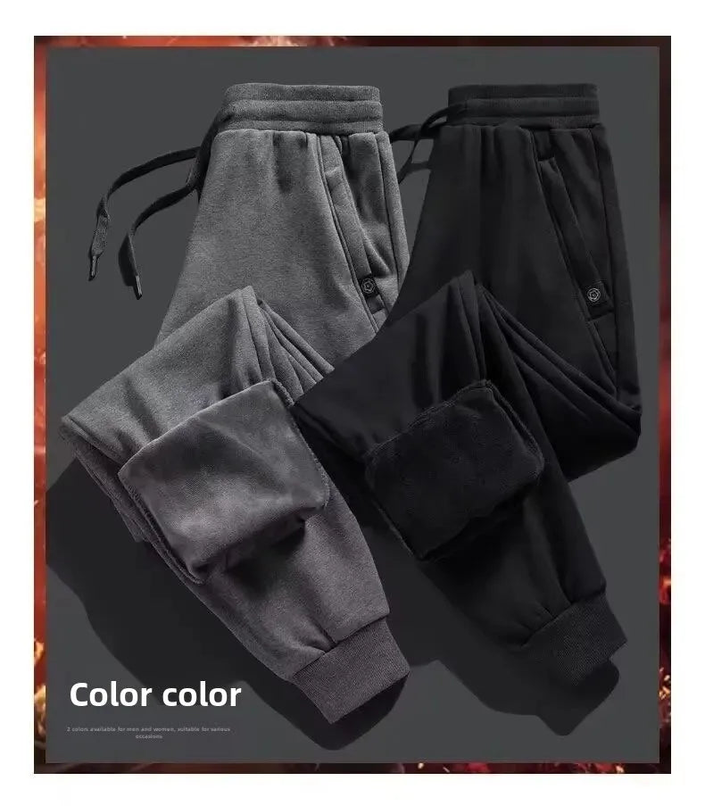 Men's Winter Fleece-lined Thickened Trousers Solid Color Warm Bunded Feet Casual Pants Loose Fit Men's Wear