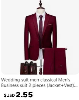 High End Brand Men's Fashion Business Slim Solid Color Professional Suit Wedding Groom Best Man Suit (Blazer+pants) Ropa Hombre