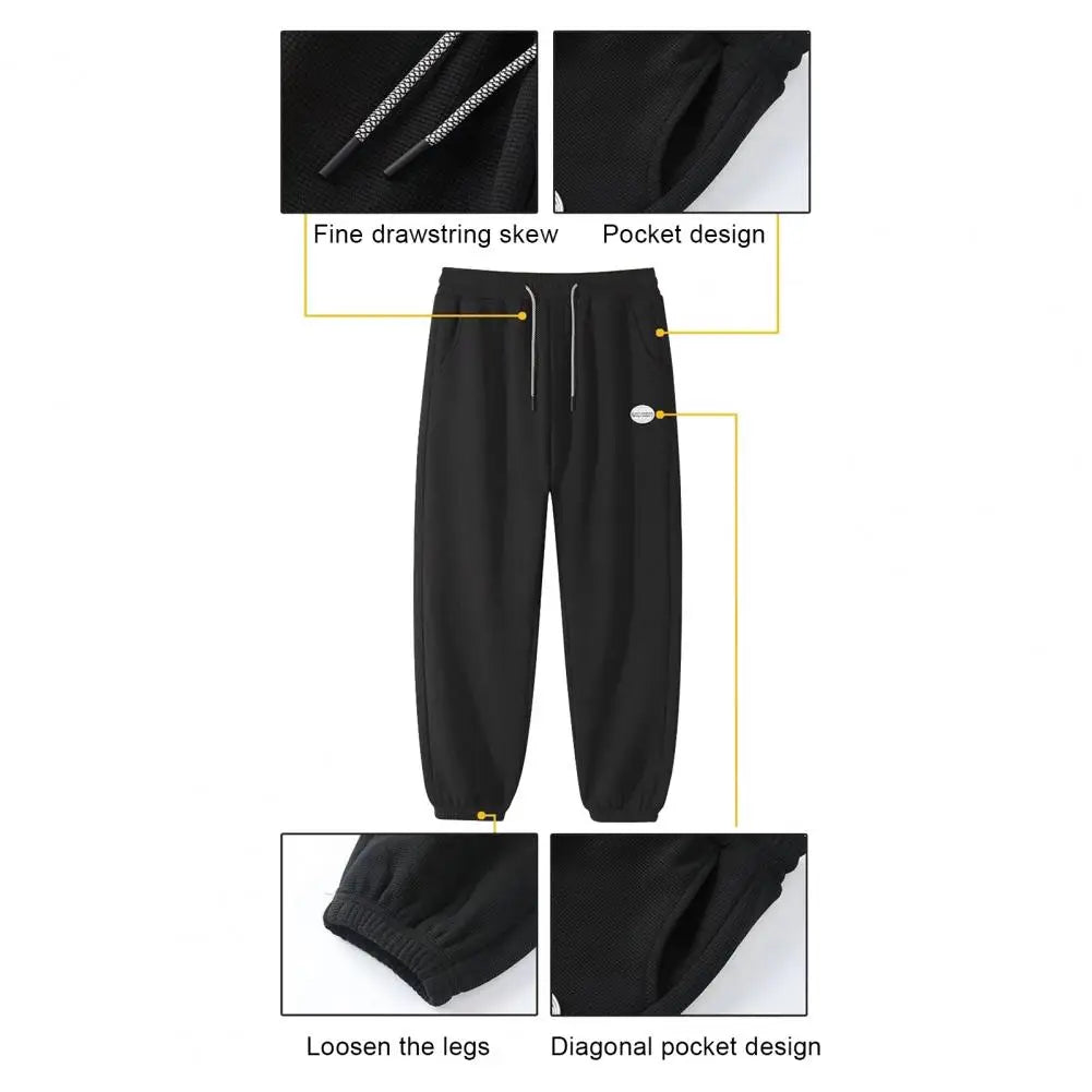 Adjustable Waistline Pants Men's Spring/fall Street Style Sport Trousers with Side Pockets Drawstring Elastic Waist Ankle-banded