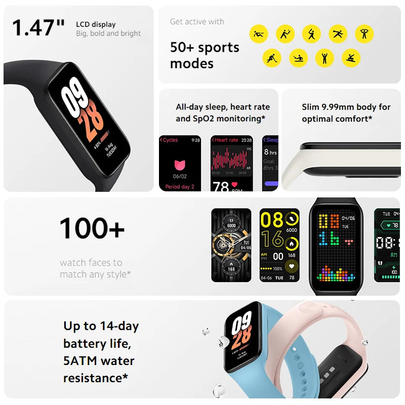 New Global Version Xiaomi Smart Band 8 Active1.47" LCD Display Bluetooth 5ATM Waterproof Heart Rate Monitor 50+ Sport Modes