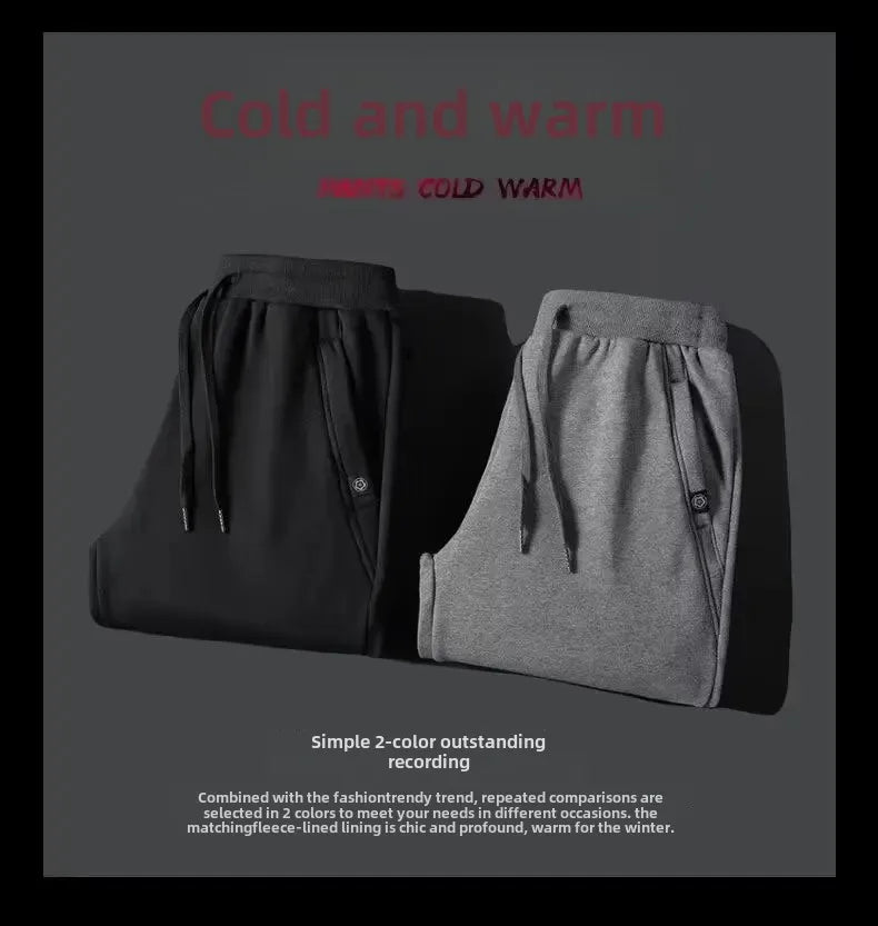 Men's Winter Fleece-lined Thickened Trousers Solid Color Warm Bunded Feet Casual Pants Loose Fit Men's Wear